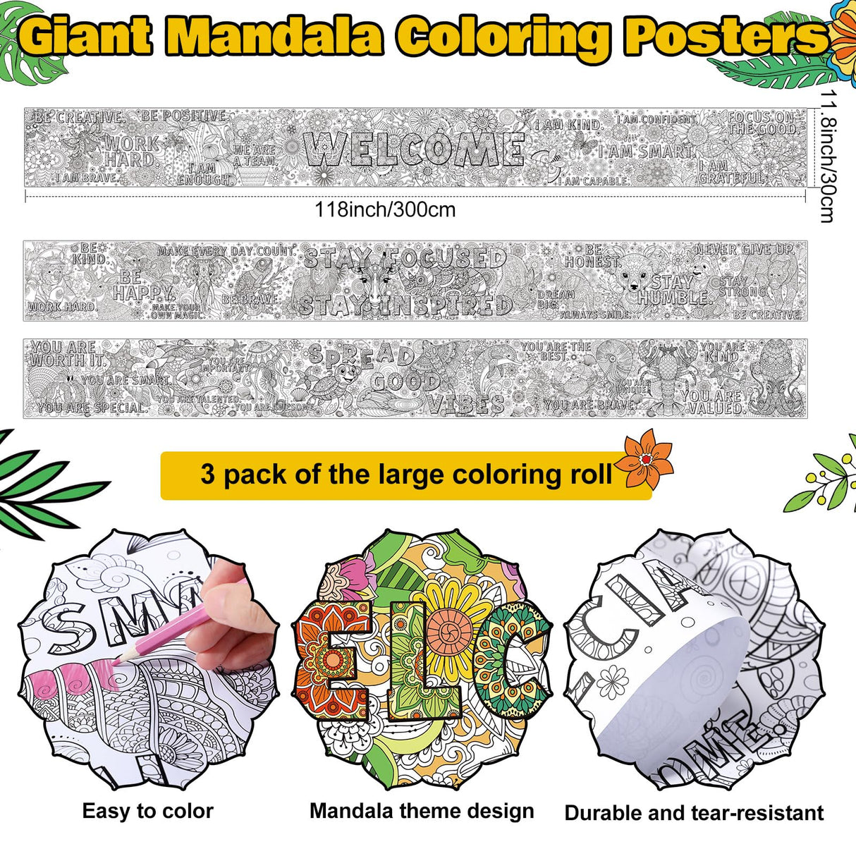 Janlaugh 3 Pack Giant Mandala Coloring Posters 9.8 Feet Long Back to School Motivational Jumbo Large Coloring Sheets Pages DIY Drawing Paper Rolls for Summer Classroom Craft Home Team Art Activity Janlaugh