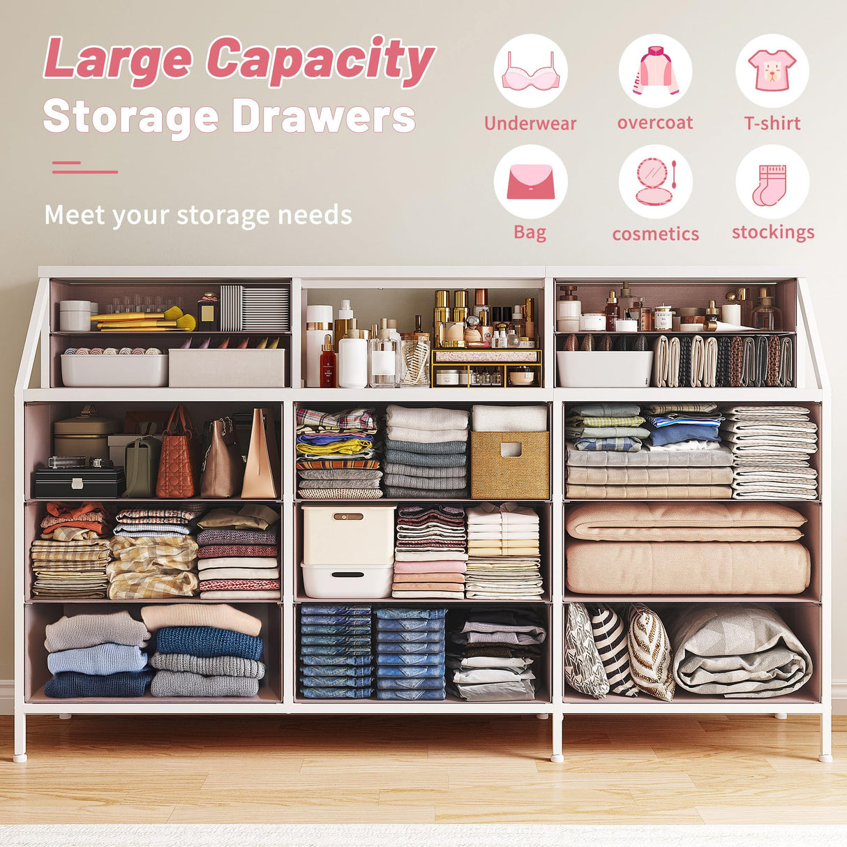 EnHomee 55”W Dresser for Bedroom, Pink Dresser for Bedroom, Dresser with 13 Large Drawer, Dressers & Chests of Drawers, Bedroom Dresser with 2 Shelves, Long Dresser for Closet EnHomee