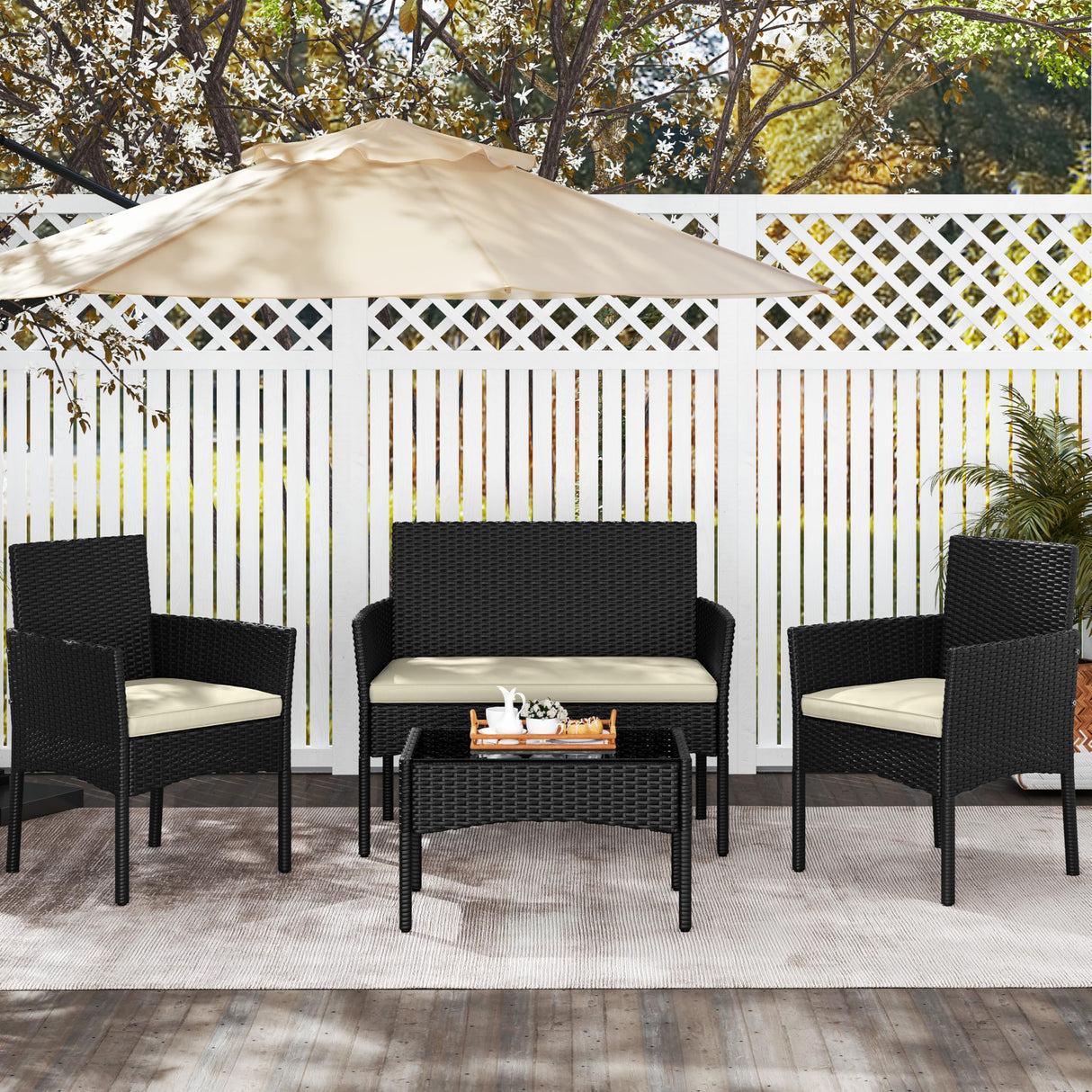Yaheetech Patio Furniture Set 4 Pieces Conversation Sets, Rattan Chair Wicker Set Loveseat with Soft Cushion and Glass Table for Backyard Porch Garden Poolside Balcony, Black and Beige Yaheetech