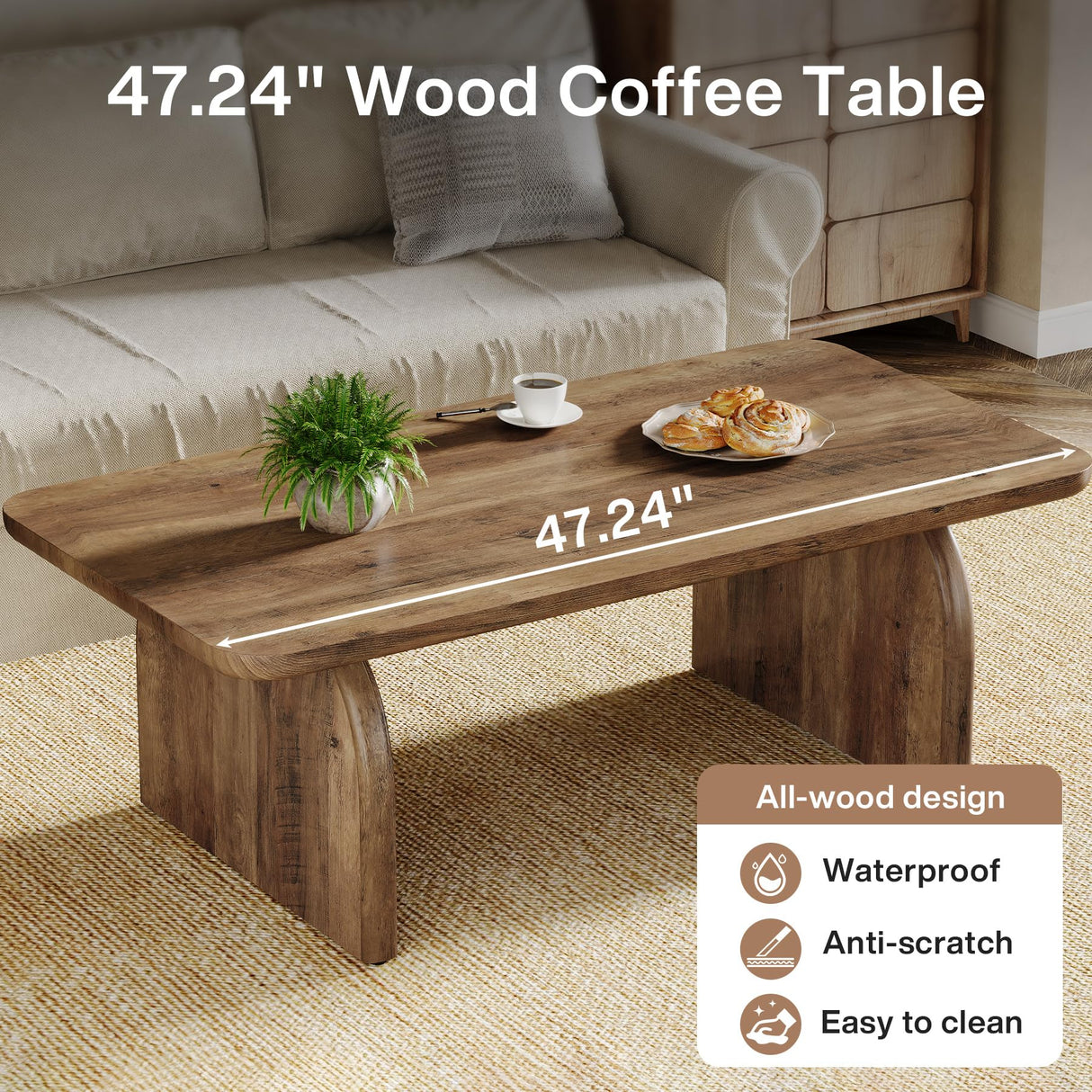 Tribesigns Rectangle Coffee Table, 47-Inch Wood Rectangular Living Room Table, Farmhouse Accent Center Table Low Cocktail Tea Table with Sturdy Base & Rounded Corners, Easy Assembly, Rustic Brown Tribesigns