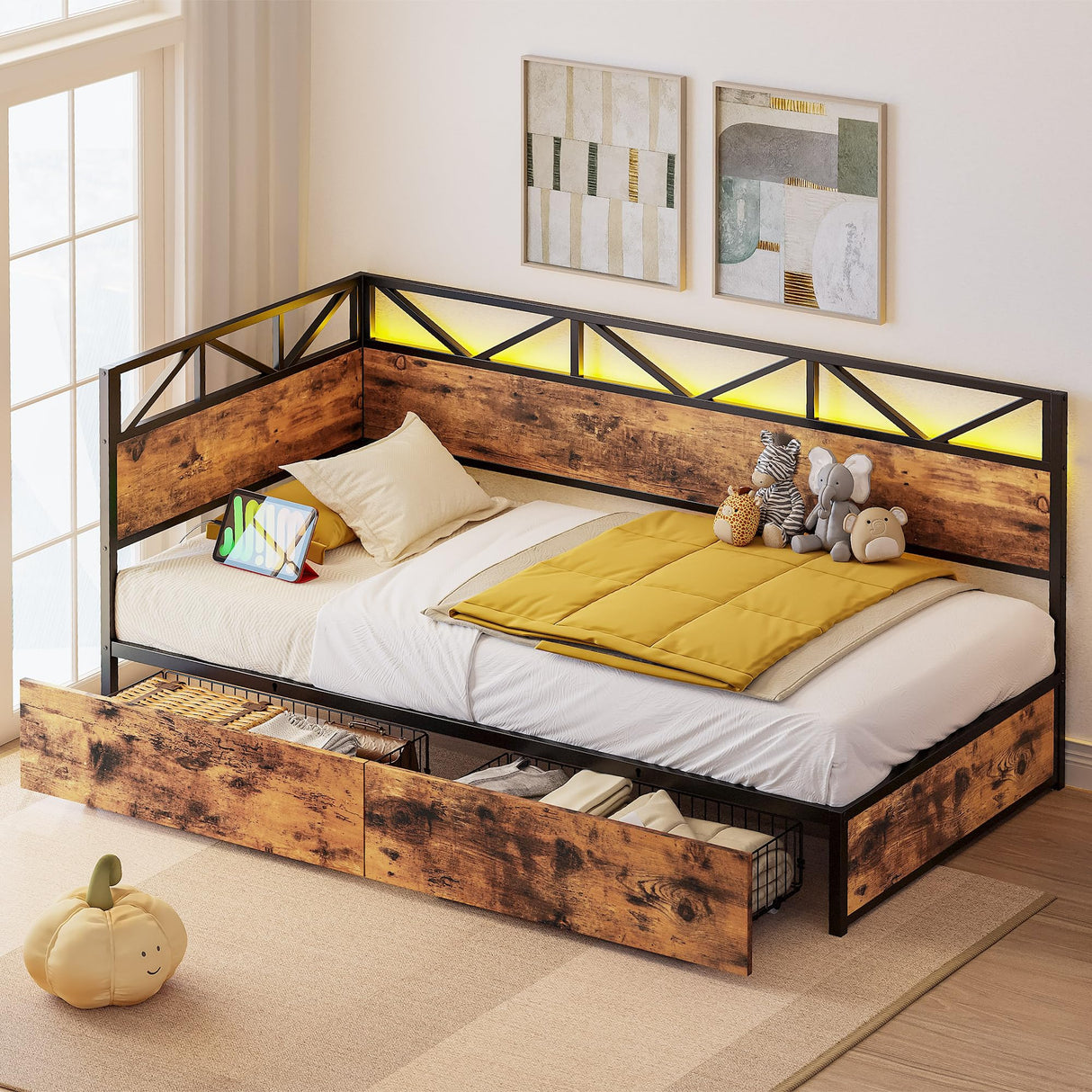 LIKIMIO Twin Daybed with Storage Drawers and Charging Station, Corner Bed Frames with Headboard and LED Lights, Industrial Brown LIKIMIO