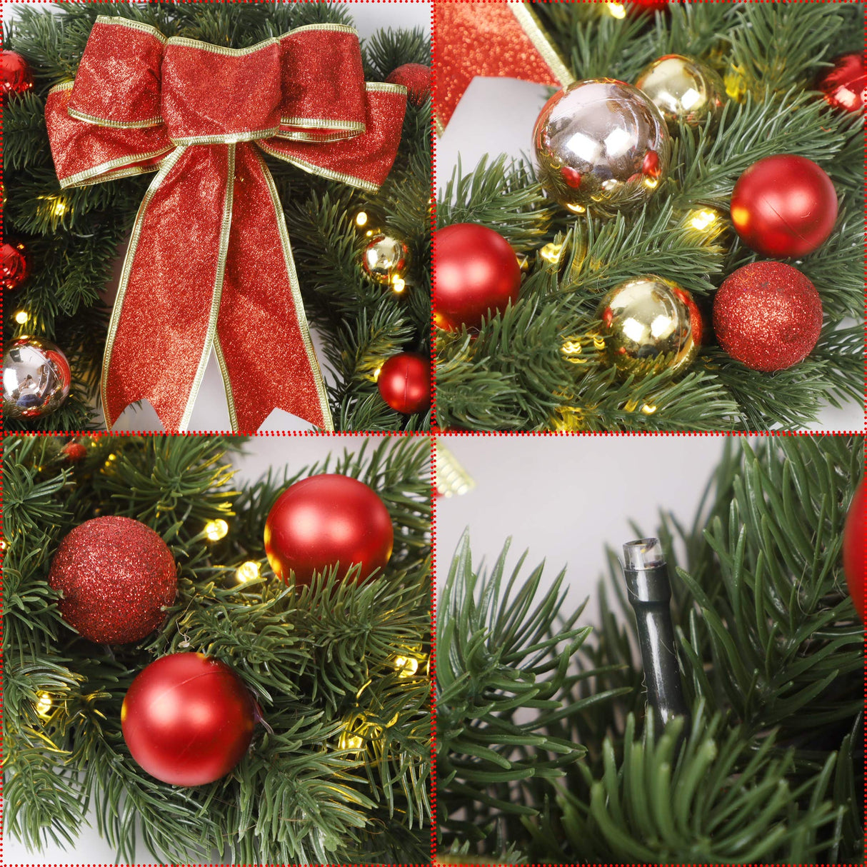 Lulu Home 16 Inch Pre-lit Christmas Wreath with Hook, Battery Operated Christmas Wreath Decorative Christmas Balls Hanging Ornament, Artificial Door Wreath 40 Clear LED Lights Lulu Home