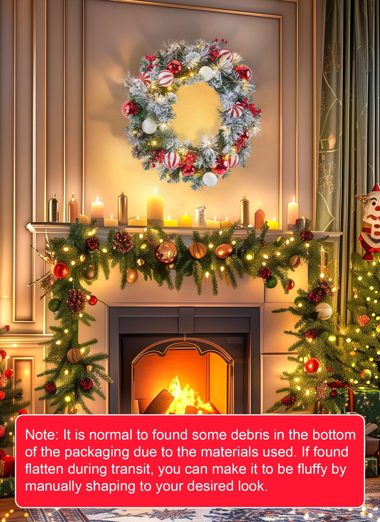 Pre-Lit Artificial Christmas Wreath 24Inch, Christmas Door Decorations Wreath with 50LED Warm Lights, Christmas Balls, Pine Needles, and Red Berries for Front Door Wall Windows X-mas Ornament Minetom