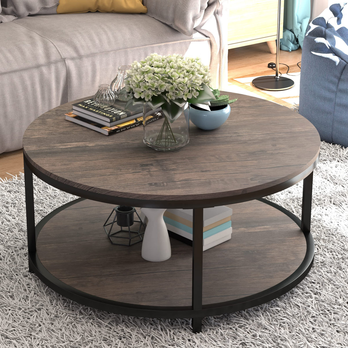 NSdirect Round Coffee Table,36" Coffee Table for Living Room,2-Tier Rustic Wood Desktop with Storage Shelf Modern Design Home Furniture(Light Walnut) NSdirect