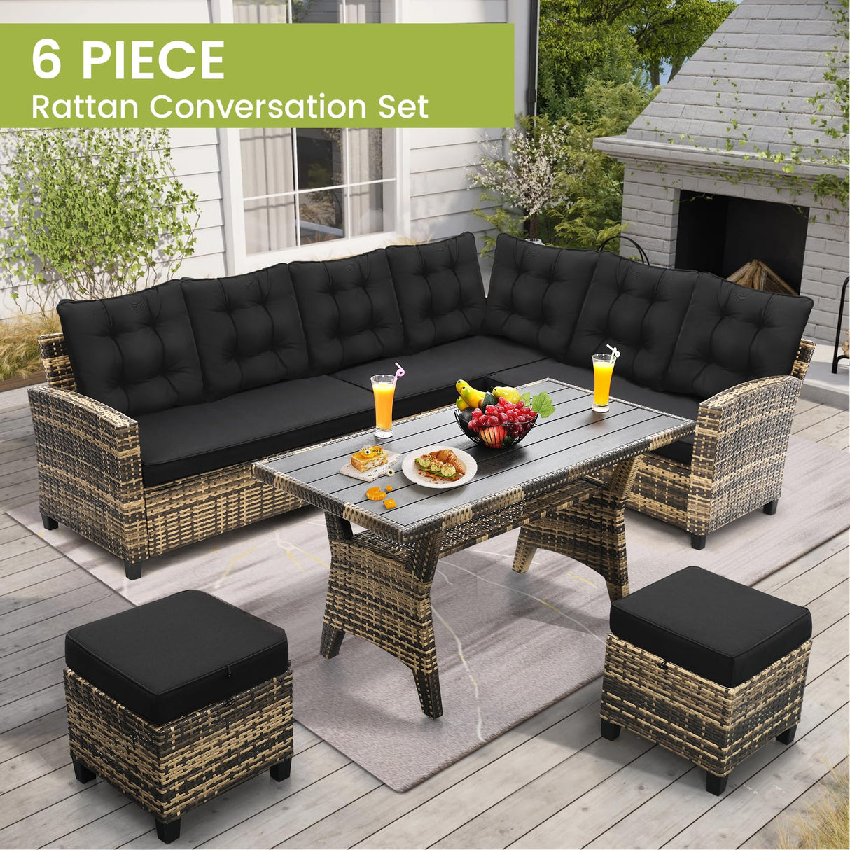 KROFEM 6-Piece Outdoor Patio Furniture Set - Sectional Sofa, Dining Table & Chairs Included, All-Weather Dining Set with Ottoman, Natural Wicker and Black Cushions KROFEM