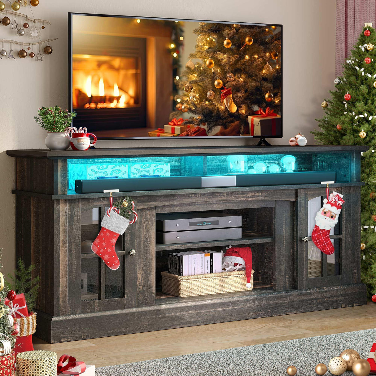 YITAHOME LED Farmhouse TV Stand for 65 Inch w/Outlets, Modern Entertainment Center with Glass Doors and Adjustable Storage Shelves, Media Console TV Cabinet for for Living Room, Dark Rustic Oak YITAHOME