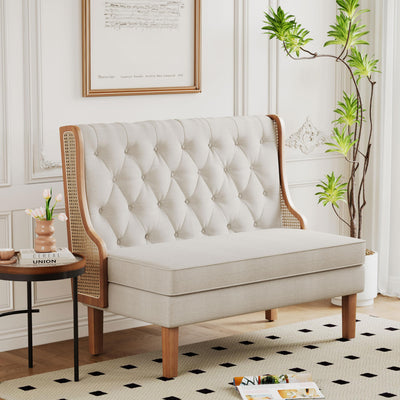 Andeworld Loveseat Settee Bench with Natural Rattan Arms,Upholstered Modern High-Back Mini Sofa Couch,Banquette Dining Bench Love Seat for Living Dining Room Bedroom Office Small Space Entryway,Beige