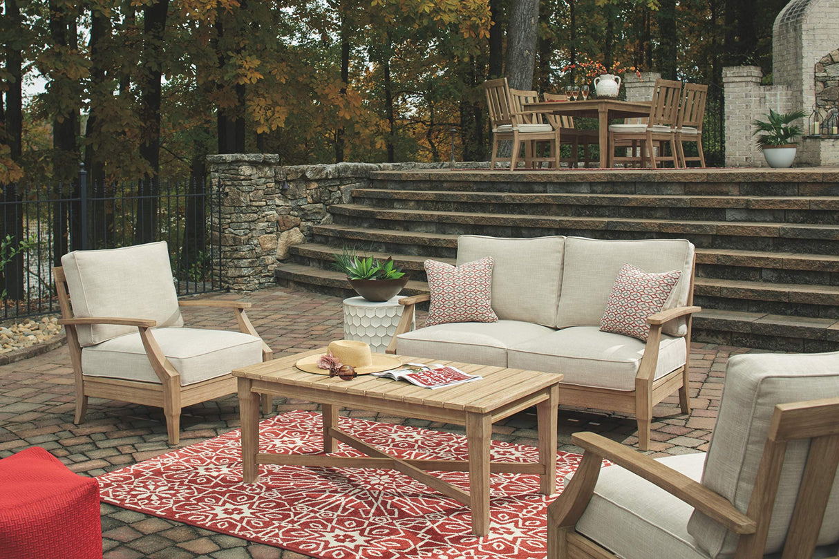 Signature Design by Ashley Clare View Coastal Outdoor Patio Eucalyptus Loveseat with Cushions, Beige Signature Design by Ashley