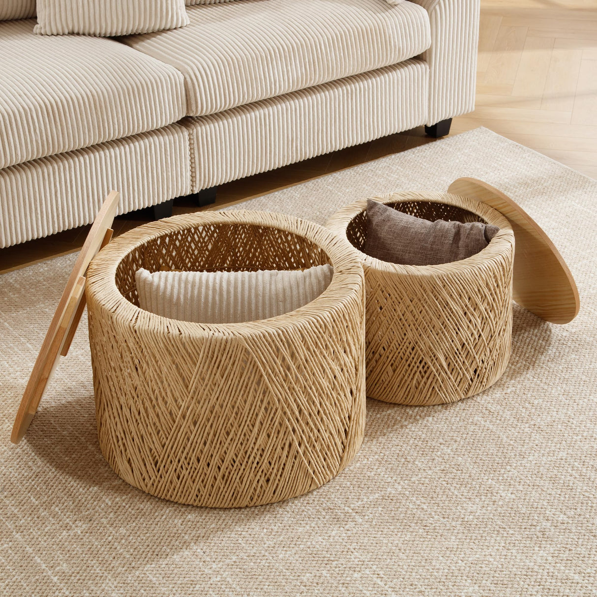 LZAREAL Farmhouse Round Coffee Table with Storage Boho Living Room Table with Lifting Top Hand-Woven Rattan Nesting Coffee Tables for Living Room, Natural LZAREAL