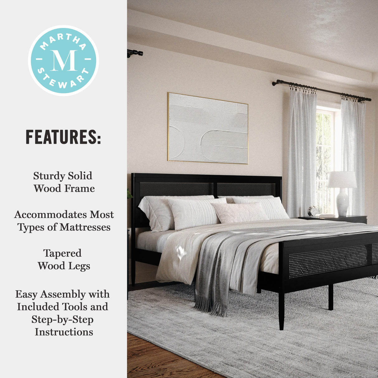 Martha Stewart Jax Platform Bed with Rattan Headboard and Footboard, Solid Wood Frame, Wooden Support Slats, No Box Spring Needed, King Size, Black Martha Stewart