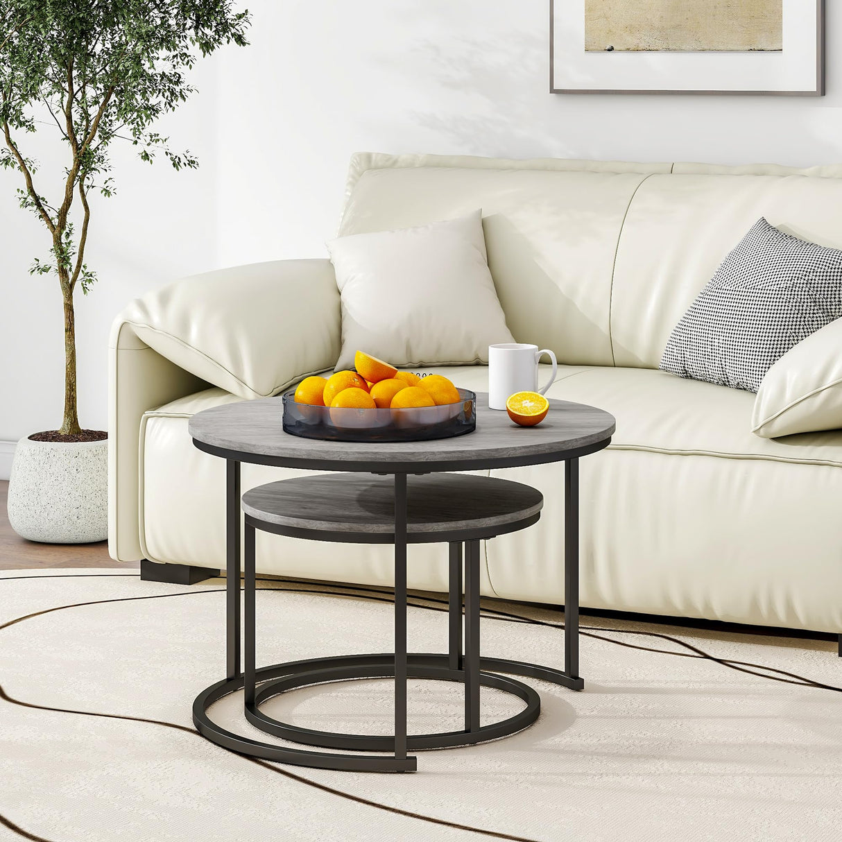 HOJINLINERO Nesting Round Coffee Table Set of 2 End Tables for Living Room,Grey Coffee Table Wooden Accent Furniture with Metal Frame,Stacking Side Tables,Black+Warm Grey HOJINLINERO
