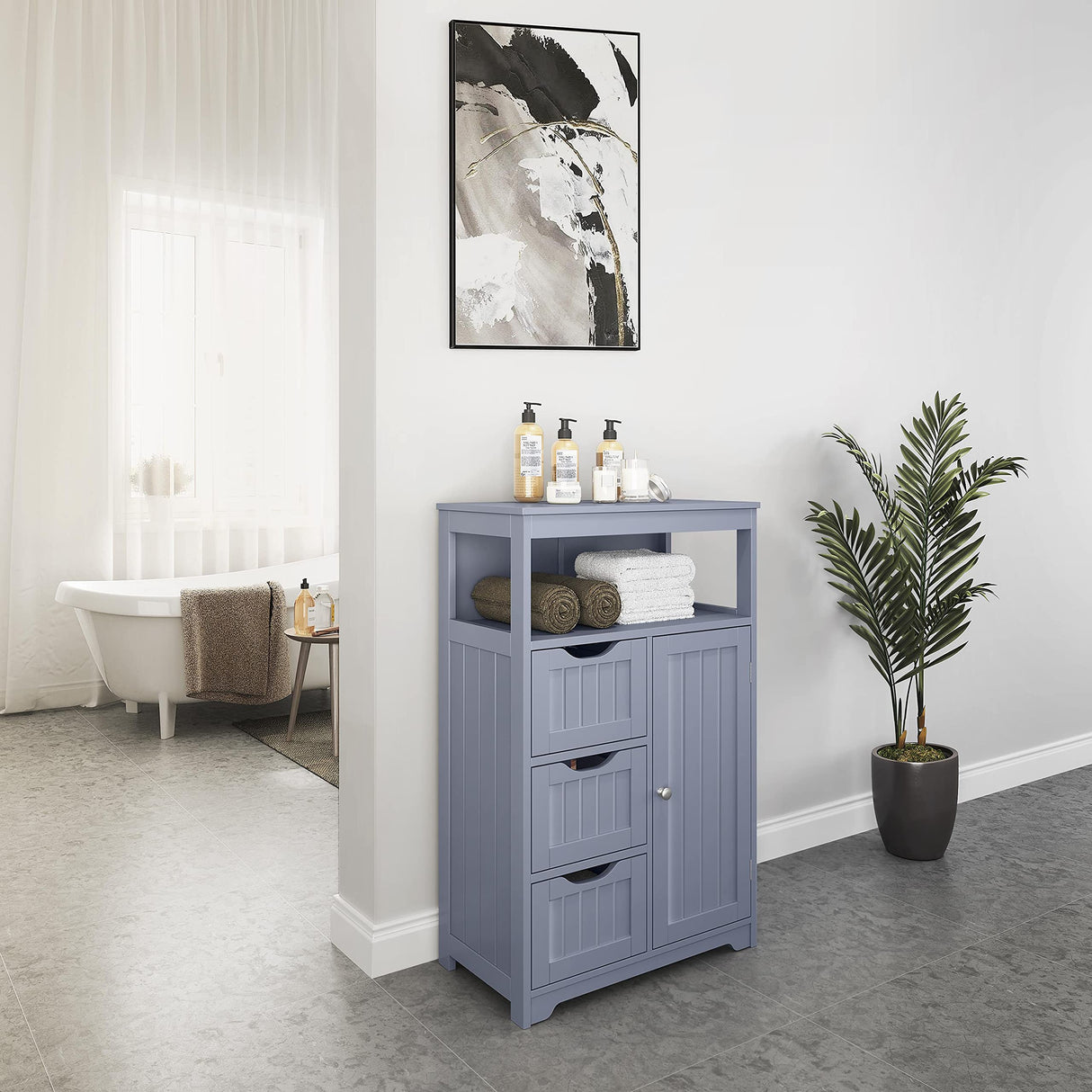 Yaheetech Bathroom Floor Cabinet, Wooden Storage Organizer Multiple Tiers Storage Cabinet, Gray Yaheetech