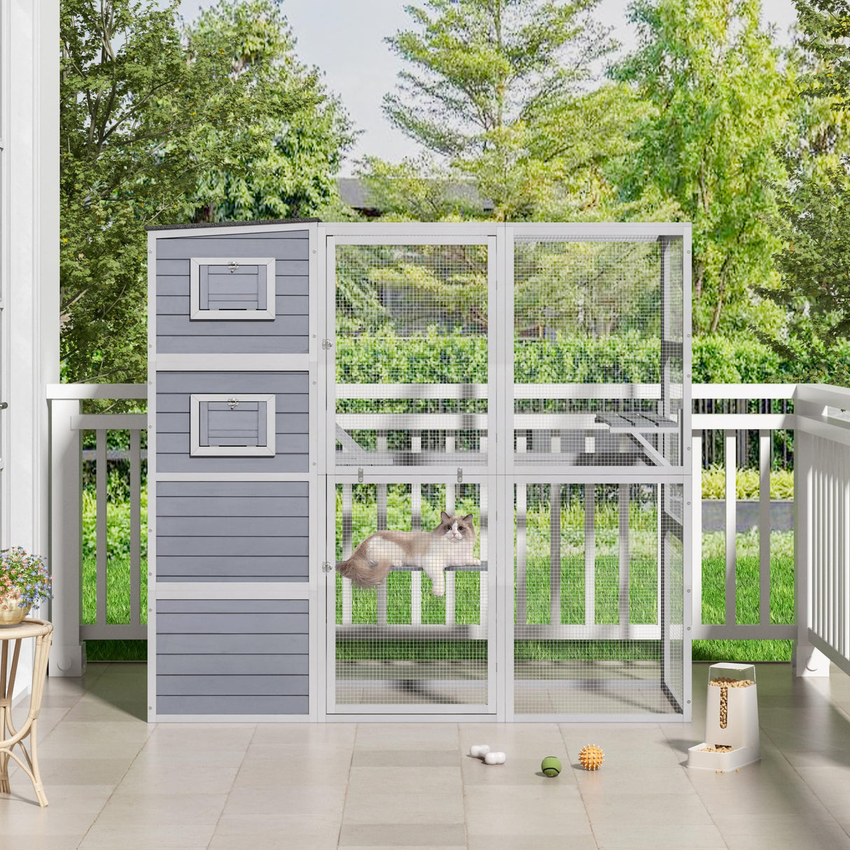 COZIWOW Large Wood Cat Catio, Outdoor Cat Enclosure with Weatherproof Roof, 2 Resting Rooms, 2 Platforms, 4-Tier Cat Playpen, 76.18" L x 33.46" W x 70.08" H, Grey COZIWOW