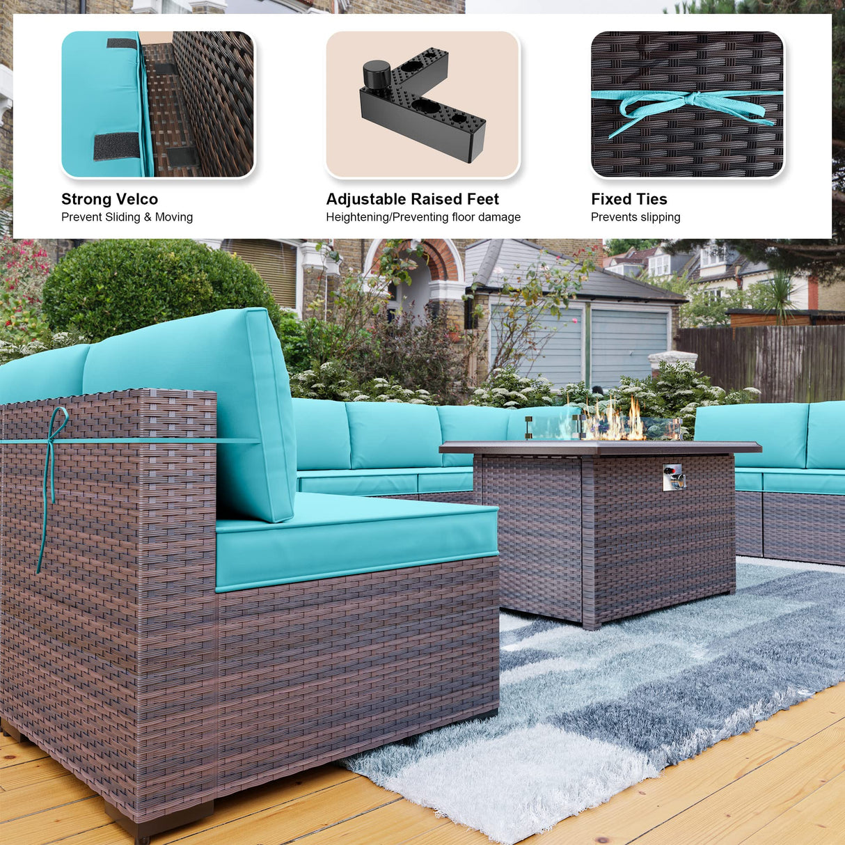 Kullavik 13PCS Outdoor Patio Furniture Set,PE Wicker Rattan Sectional Sofa Patio Conversation Sets with 43" 55000BTU Gas Propane Fire Pit Table,Swivel Rocking Chairs Set,Blue Kullavik