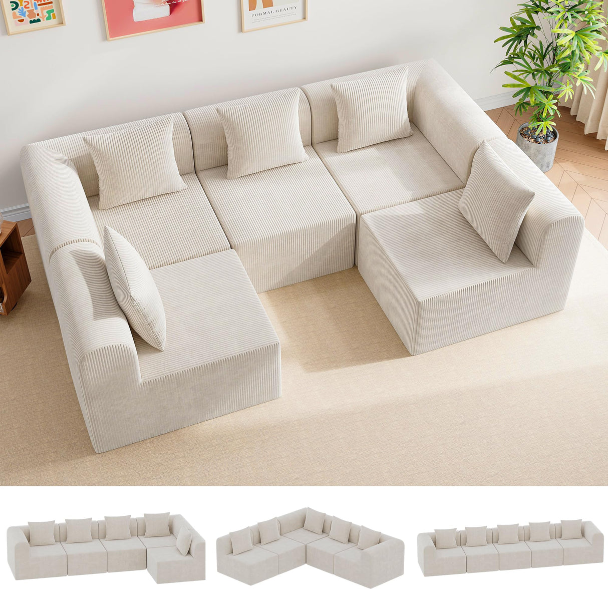 wanan 146'' Modular Sectional Couches for Living Room with Deep Seat, L-Shape Cloud Sofa Couch, High Density Memory Foam, Boneless Upholstered Couches, Easy Assembly (Warm White, 5 Seats) wanan