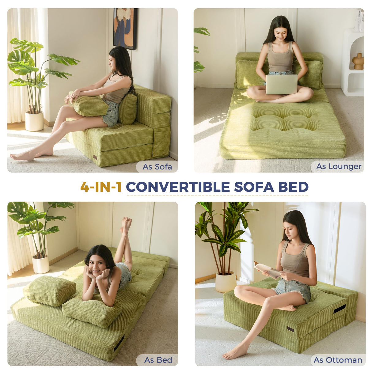 MAXYOYO Convertible Sofa Bed, Fold Out Loveseat Sleeper Sofa with Pillow, 4 in 1 Tufted Folding Couch Bed Foam Floor Couch, Lazy Chair for Living Room Bedroom Guest Room, Green MAXYOYO