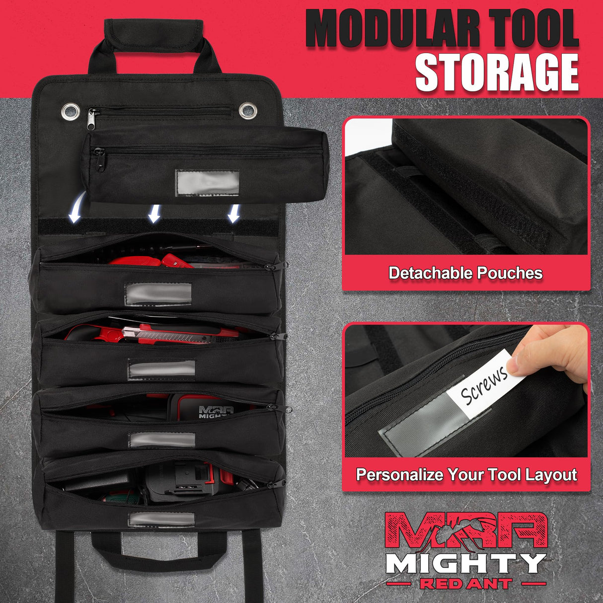 Mighty Red Ant Tool Roll - Tool Bags | Roll Up Tool Bag | Tool Bag Organizer | Tool Roll Up Bag W/5 Large Pouches | Tool Roll Bag for Men | Rolling Tool Bag | Gifts for Dad | Heavy Duty Tool Bag Mighty Red Ant