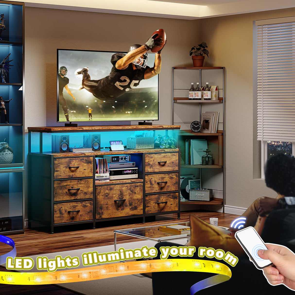 EnHomee Dresser TV Stand for Bedroom with LED Lights & power outlets for 55" TV Stand Dresser for Bedroom Entertainment Center with 7 Fabric Drawers and Wood Shelves for Living Room, Rustic Brown EnHomee