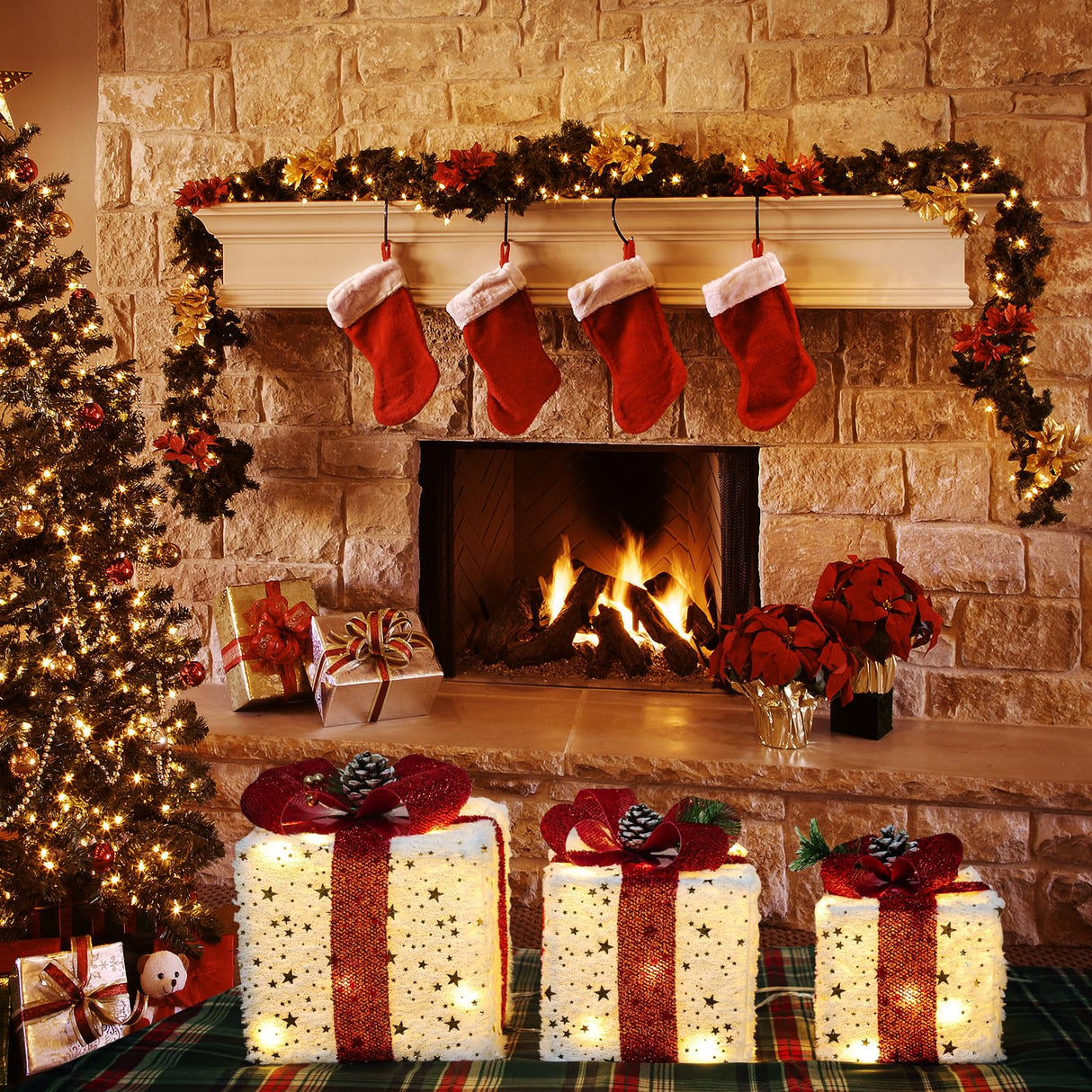 Christmas Decorations, Set of 3 Christmas Lighted Gift Boxes, Plush Christmas Ornaments with 60 LED Warm White Christmas Lights for Christmas Tree Skirt Fireplace Table Room Indoor Decor Aokudoni