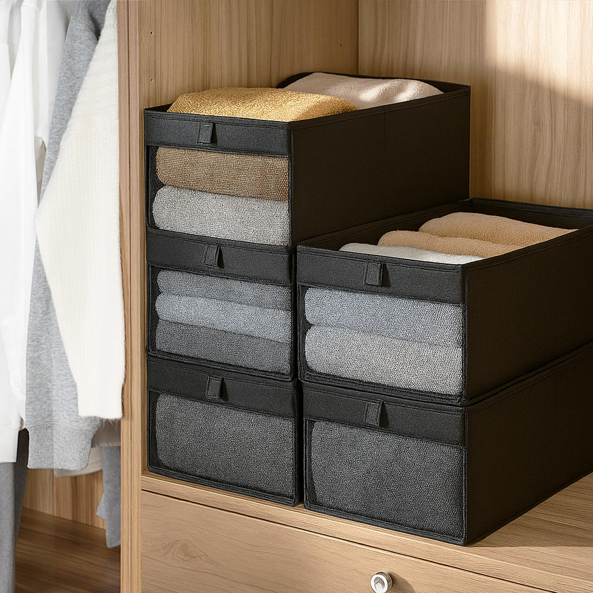 STORAGE MANIAC 6 Pack Storage Bins with Clear Window, Storage Boxes for Shelves, Sturdy Foldable Closet Organization Fabric Shelf Basket for Toy, Towel, Book, Jeans, Offices, Dorm, Wardrobe, Black STORAGE MANIAC