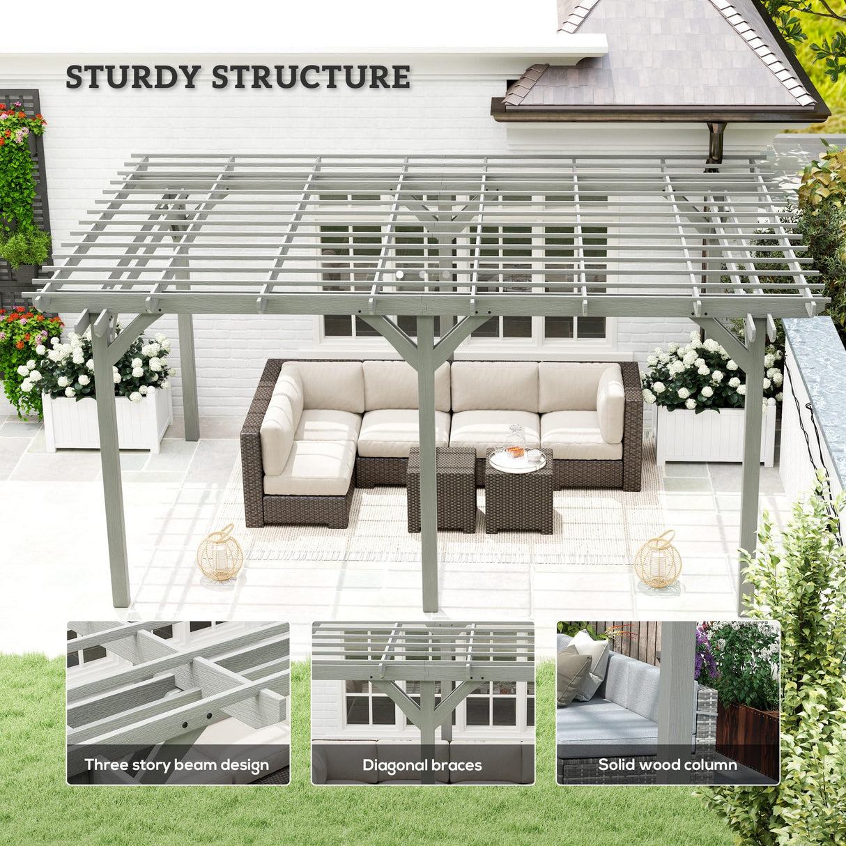 Outsunny 12' x 16' Outdoor Pergola, Wood Gazebo Grape Trellis with Stable Structure for Climbing Plant Support, Garden, Patio, Backyard, Deck, Gray Outsunny