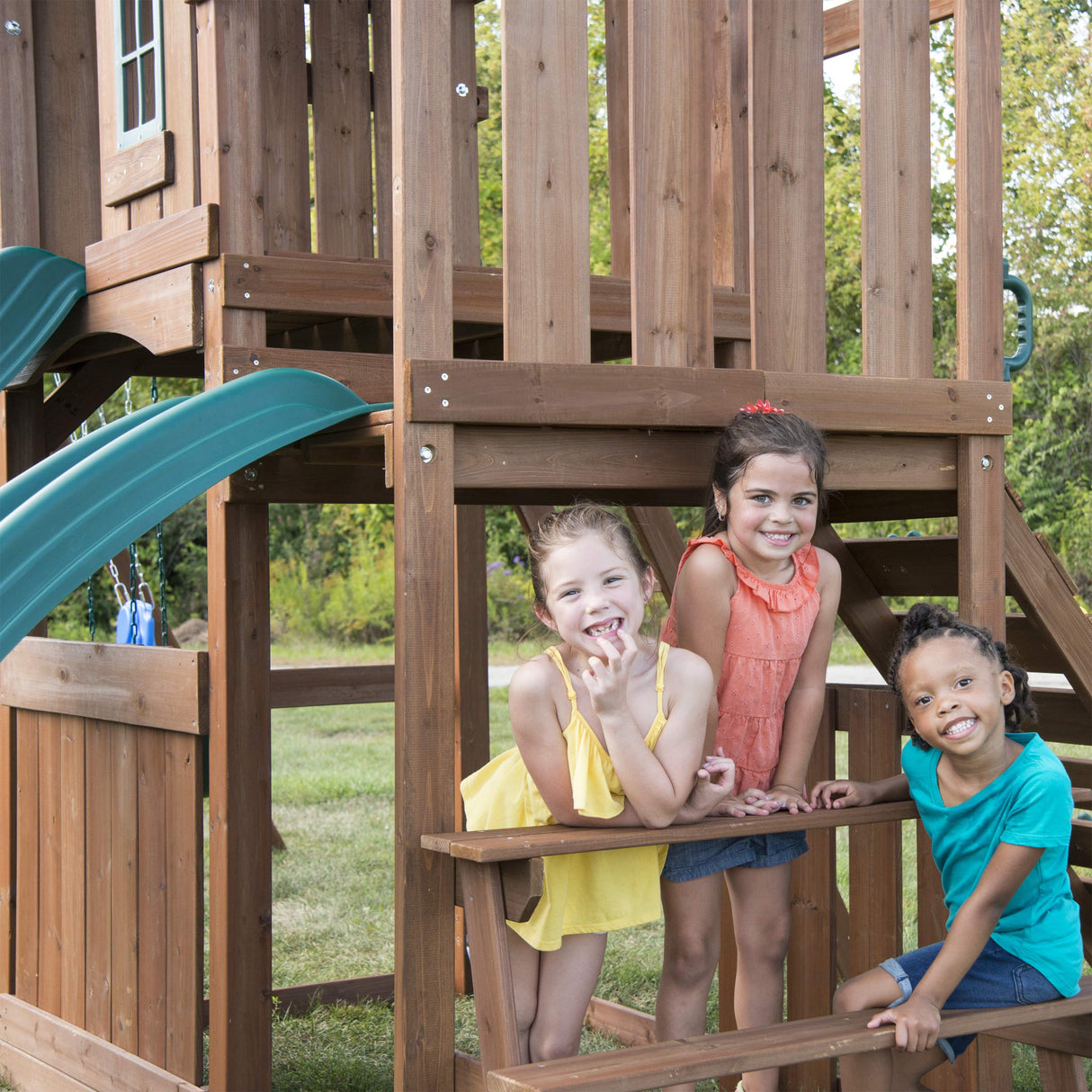 Swing-N-Slide WS 8353 Knightsbridge Deluxe Wooden Swing Set with Two Slides, Climbing Wall, Swings, Glider & Picnic Table, Wood Swing-N-Slide