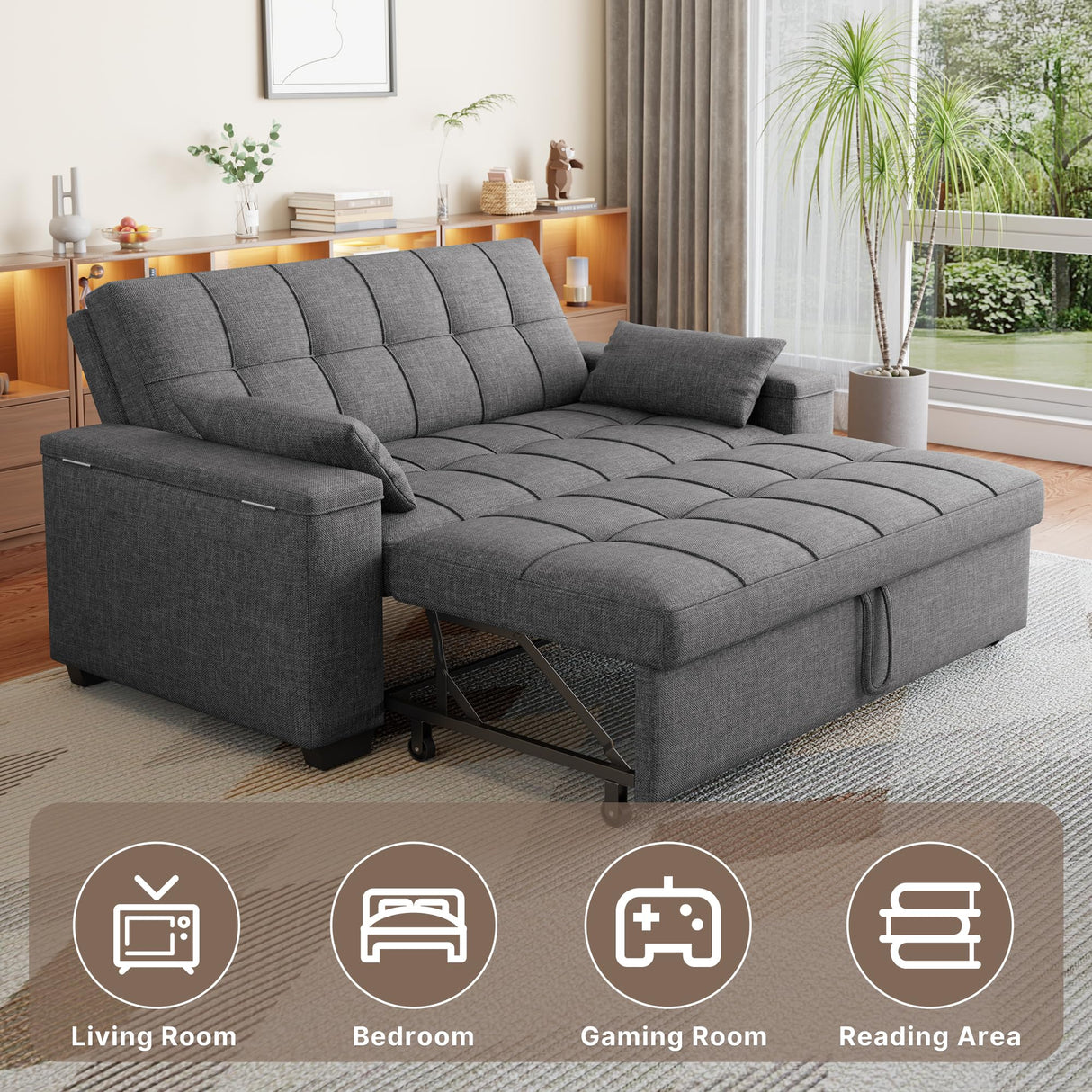 Gizoon Convertible Sofa Bed Futon, Queen Size Sleeper Loveseat with Pull Out Couch, 3 in 1 Linen Fabric Futon Couch with Side Pockets, Storage Armrest & Adjustable Backrest for Living Room, Dark Grey Gizoon
