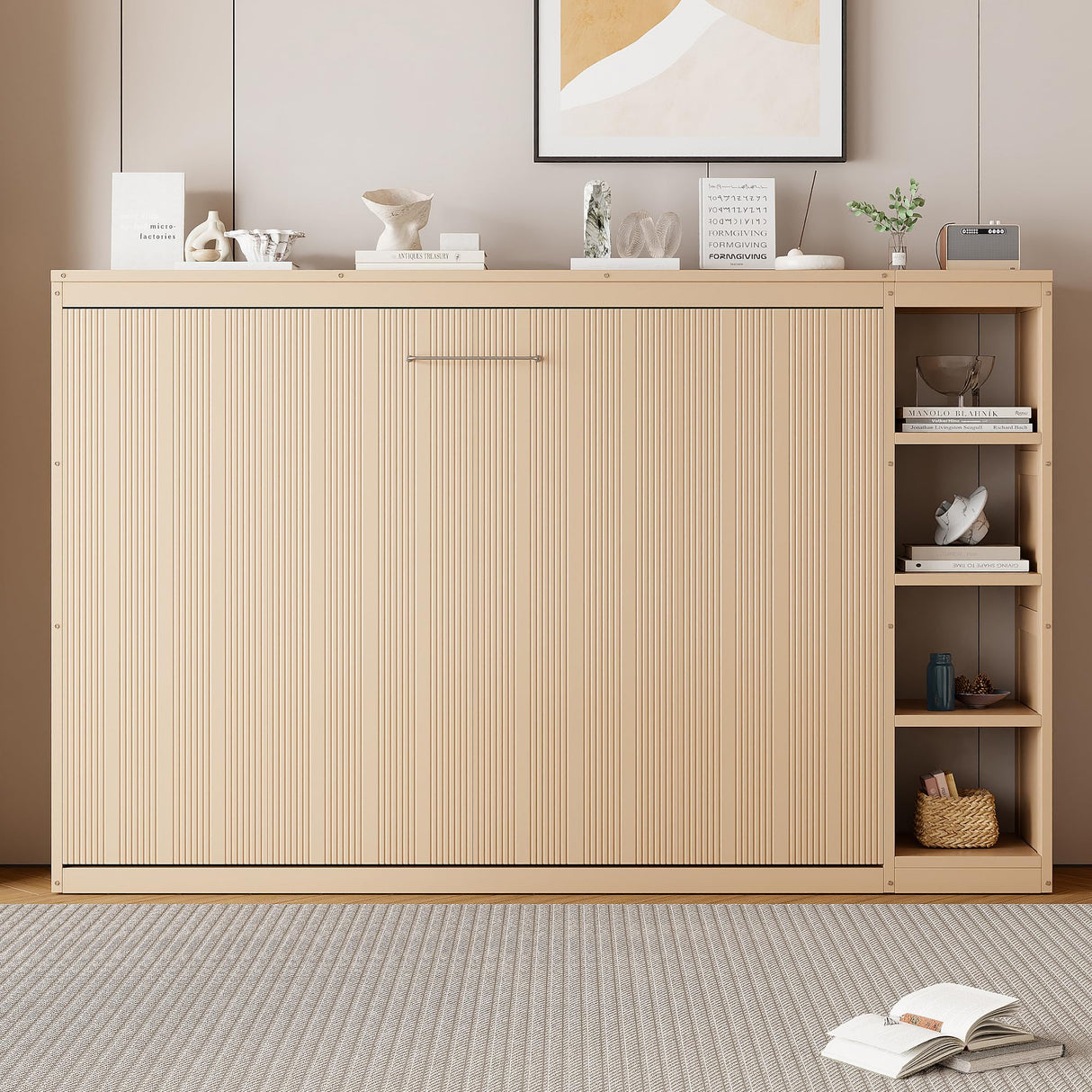 RuiSiSi Full Size Horizontal Murphy Bed with Storage Shelves, Hideaway Wall Bed with Open Bookcase, can be Folded into a Cabinet, Folding Murphy Bed Space-Saving for Guest Room Bedroom Office, Natural RuiSiSi