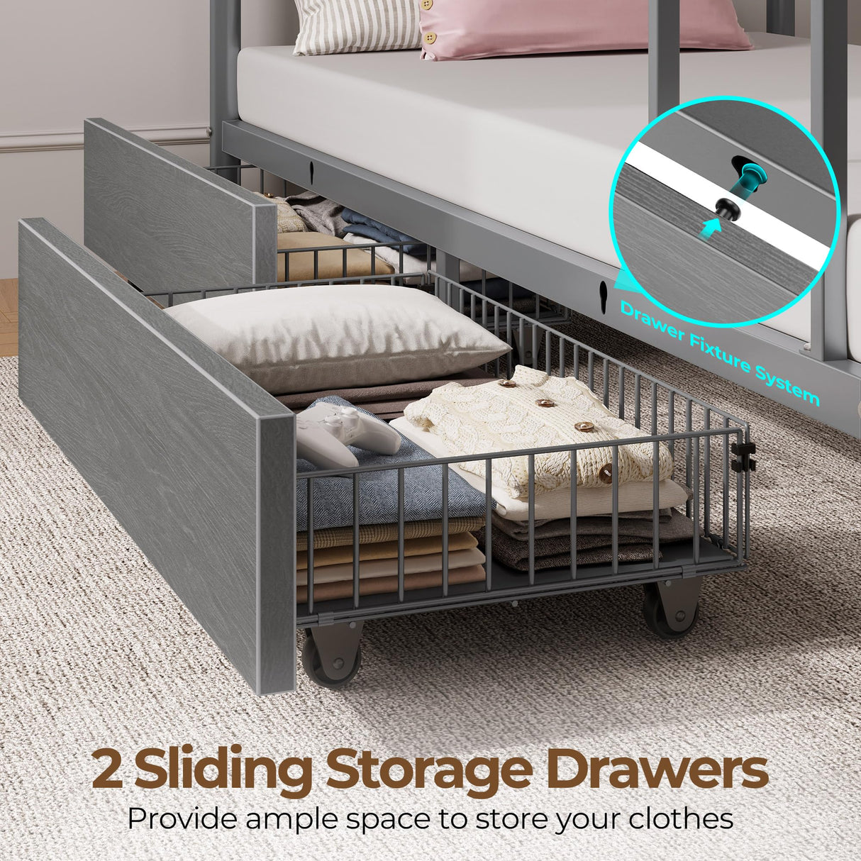 Rolanstar Metal Bunk Bed Full Over Full with USB Charging Station, LED Bunk Bed with 2 Storage Drawers, Bed with Safety Guardrail & Ladders, No Box Spring Needed, Easy Assembly, Grey Rolanstar