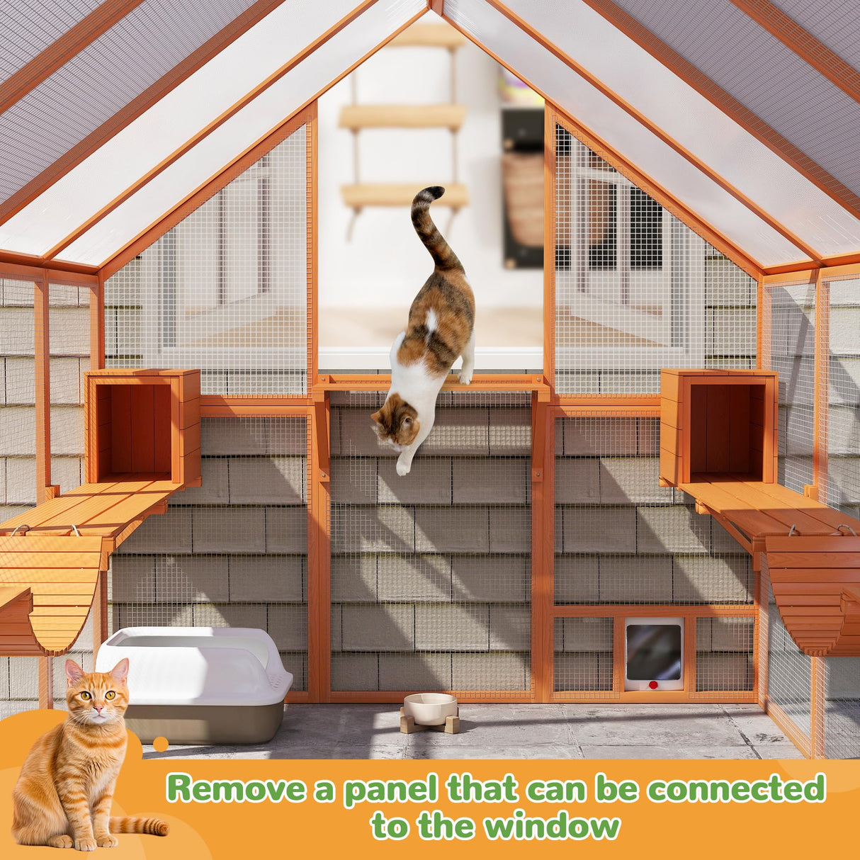 Extra Large Catio Outdoor Cat Enclosure, 53.5ft² Large Cat Run Wooden Cat House with Weatherproof Roof, Walk-in Doors with Lock, Window Access, 110" L x 71" W x 74" H, Orange Nyeekoy