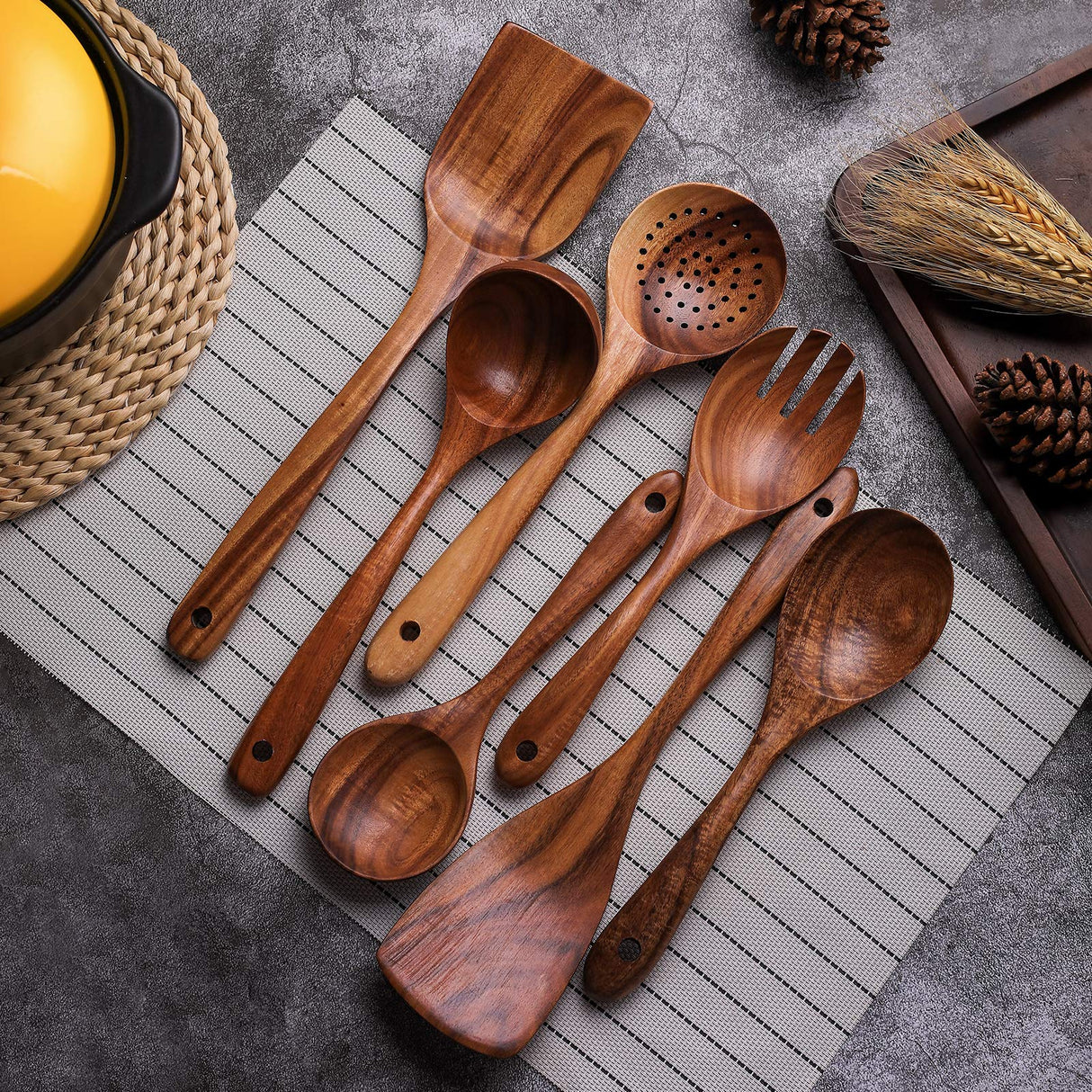 Wooden Non-Stick Kitchen Pan Toolset 7 Pieces Set,100% Natural Teak Kitchen Utensils Spatula, Wooden Cooking Utensils Spoons, Fried Spatula and Salad Fork YYLTJR