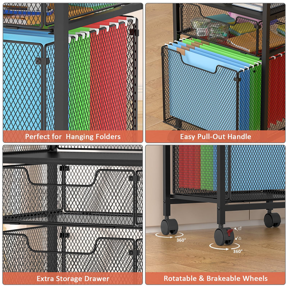 Huxitocan 4-Tier Rolling File Cart with Hanging File Organizer, Mobile File Cabinet with Storage Drawer, Rolling Utility Cart Storage and Organizer Office Cabinet for Home Office Huxitocan