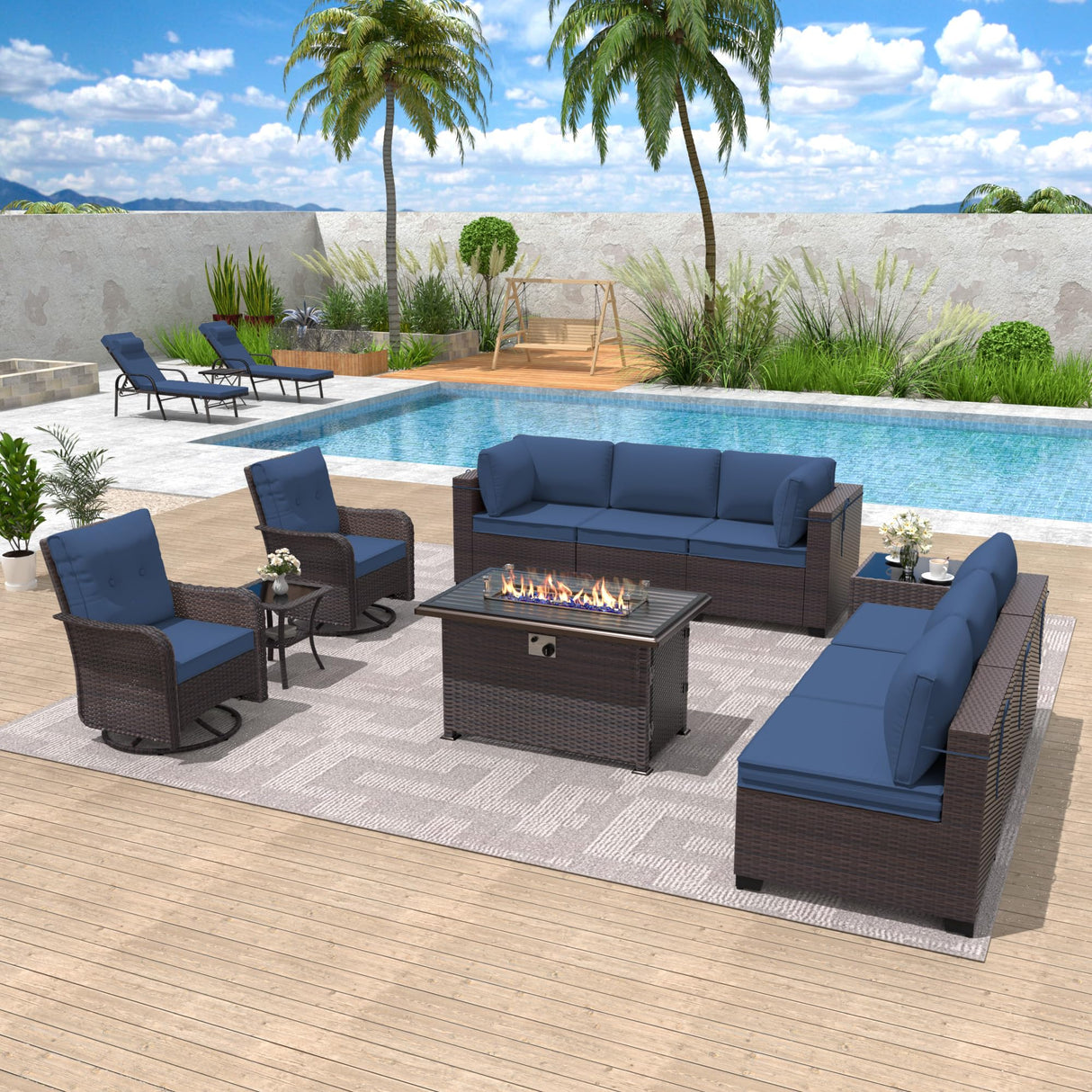 ALAULM 11 Pieces Patio Furniture Set with 2 Swivel Chairs Patio Furniture Outdoor Sectional Sofas with 55000 Gas Fire Pit Patio Conversation Set w/8 Cushions-Dark Blue ALAULM
