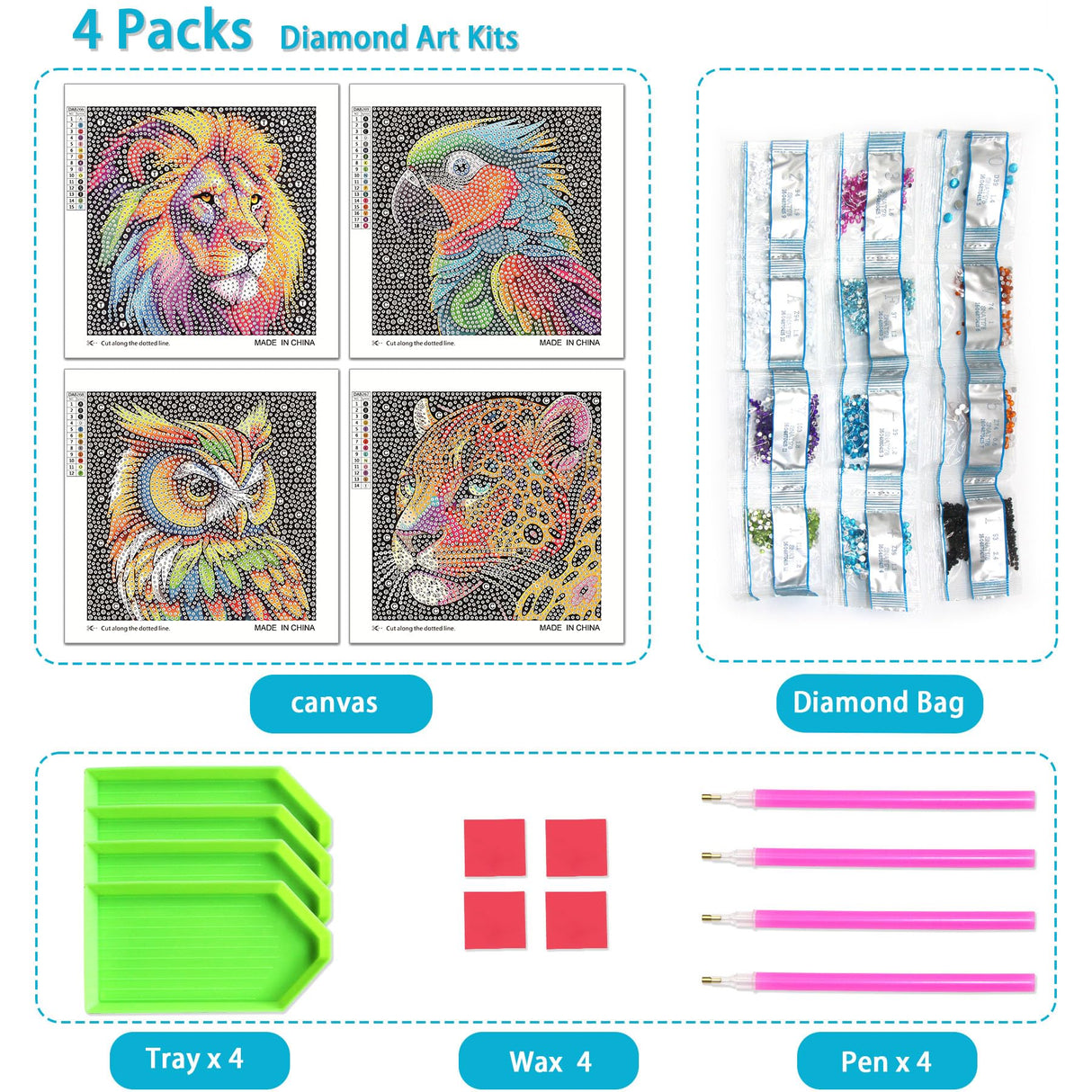 UiSdfuy Diamond Art Kits for Kids, Arts & Crafts Ages 8-12,Diamond Art for Boys Girls,Gem Art 4 Pack Diamond Painting 6"x 6" - Lion Owl Leopard Parrot UiSdfuy