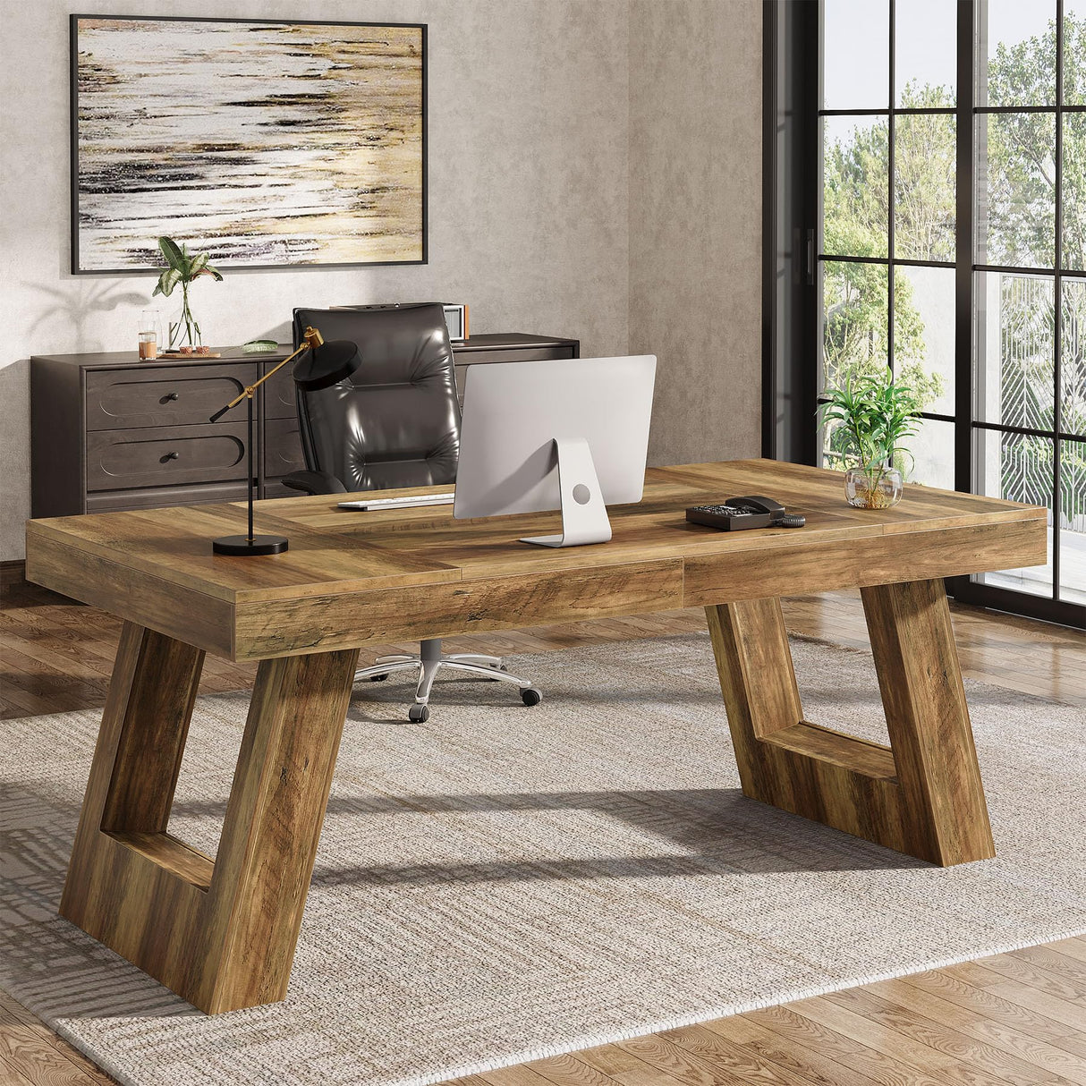 Tribesigns 63 Inches Wood Executive Desk, Large Home Office Computer Desk with Double Pedestal, Industrial Study Writing Table, Business Workstation for PC Laptop, Rustic Brown Tribesigns