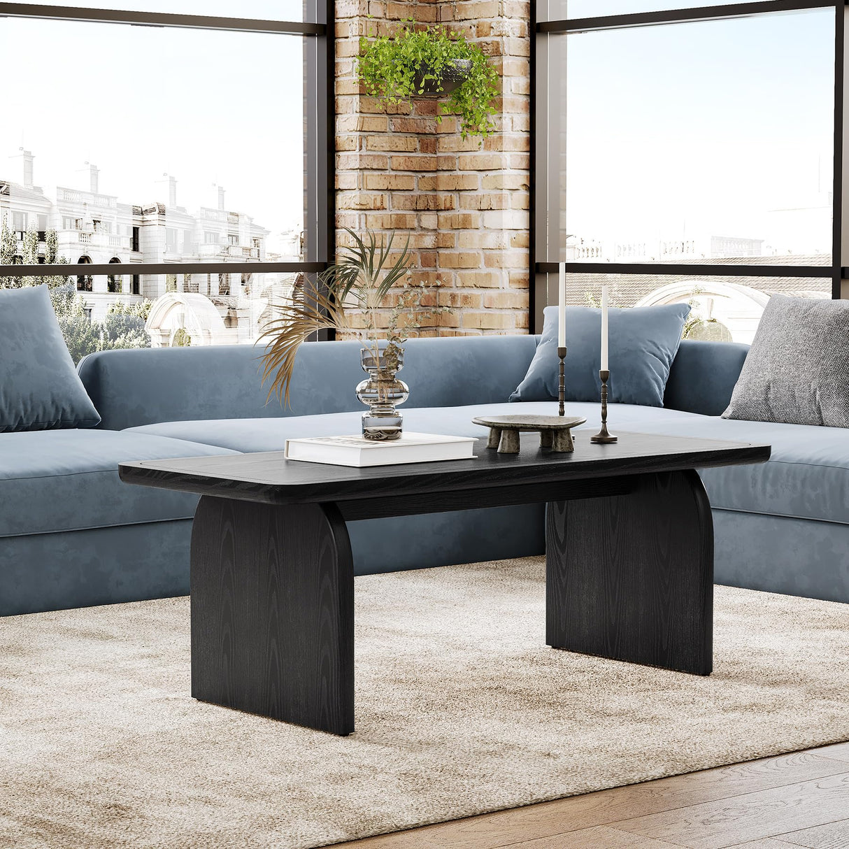 LITTLE TREE Farmhouse Coffee Table, 47 Inches Wooden Center Tables with Rounded Corners, Rectangular Living Room Tables, Modern Low Cocktail Tea Furniture for Living Room (Black) LITTLE TREE