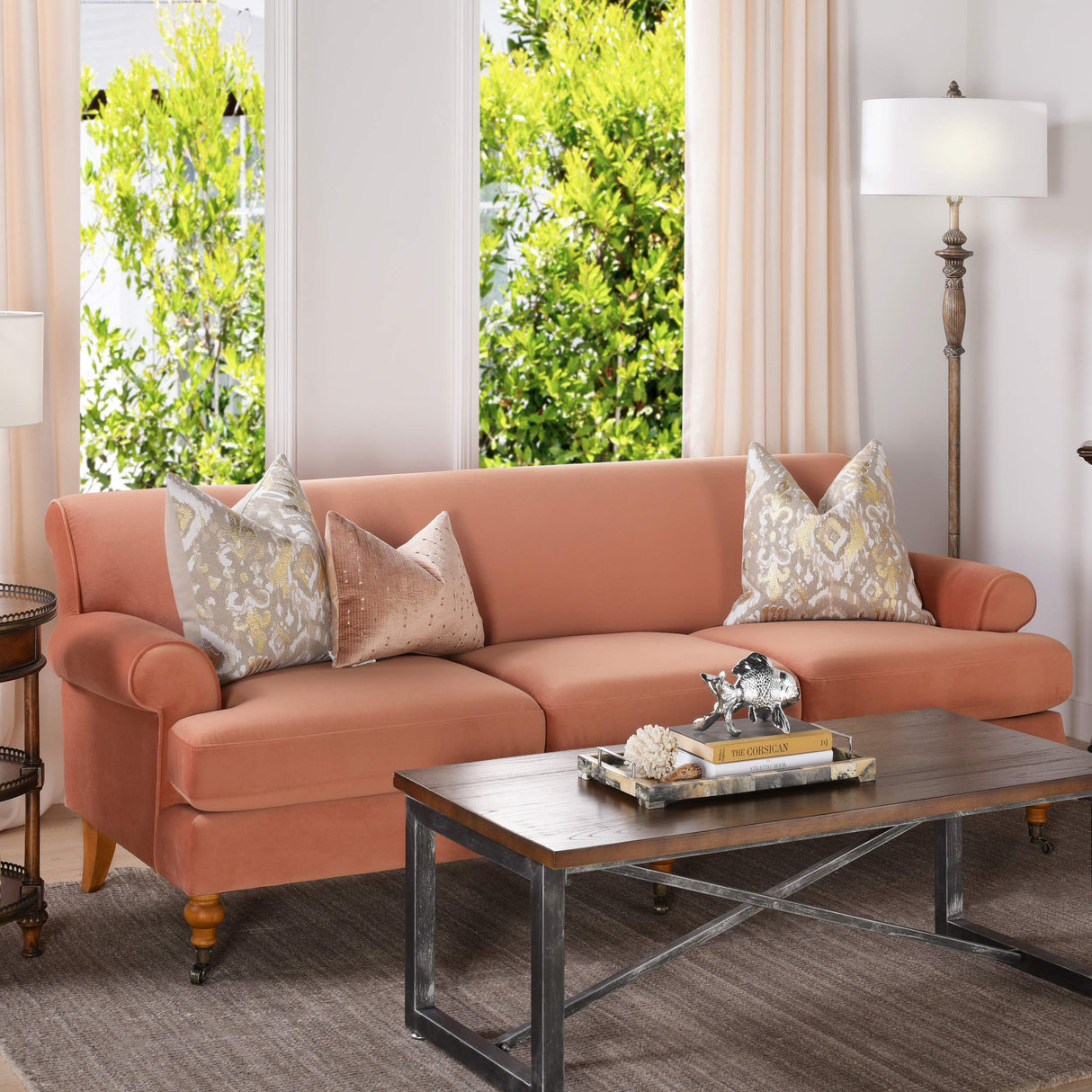 Alana Lawson Three-Cushion Tightback Sofa - Peach Orange Velvet - Luxurious Medium-Firm Feel SNug Family Couch WoodArtSupply