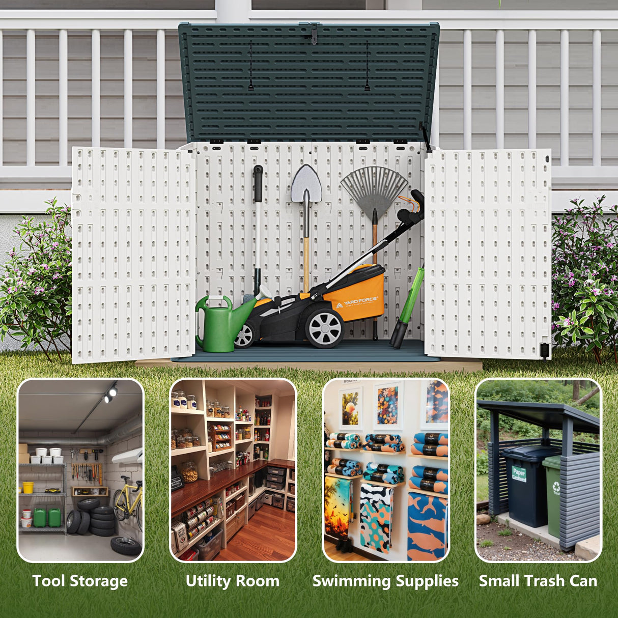 Greesum Outdoor Resin Storage Shed, 34 Cu.ft Horizontal Outdoor Storage Box Waterproof for Garden, Pool Storage, Garbage Cans, Beige Greesum