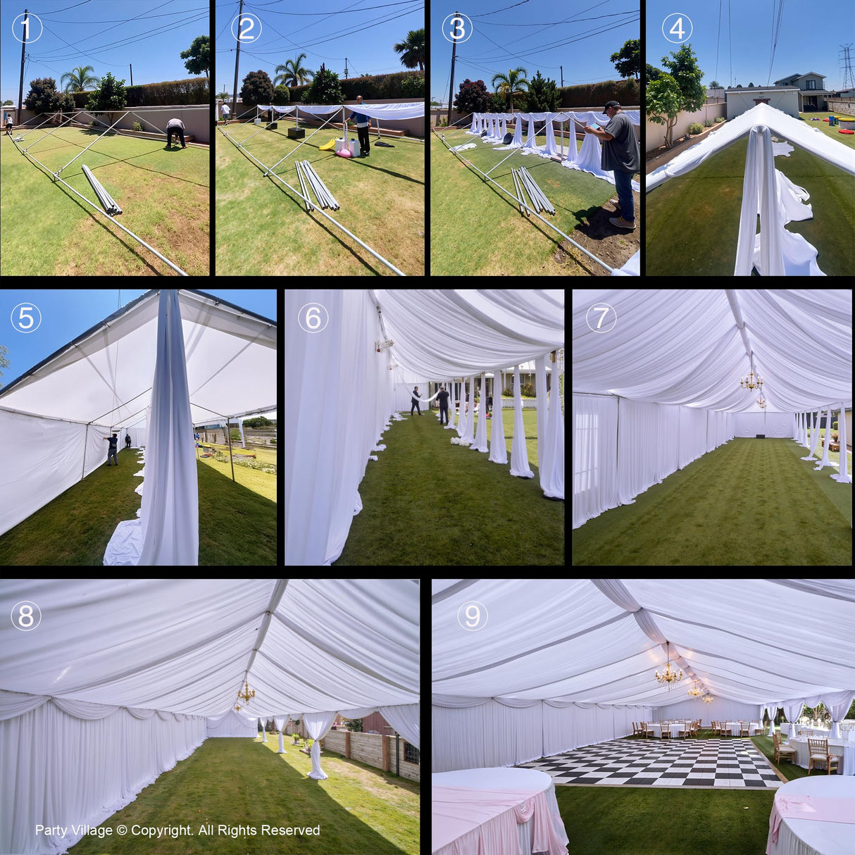 PartyVillage 20ftx40ft White Ceiling Curtain for Wedding Parties – 4 Panels Wrinkle-Free 40 FT Long Tent Draping Curtains for Wedding, Birthday & Theme Parties, 40ft Height with Rod Pocket Party Village