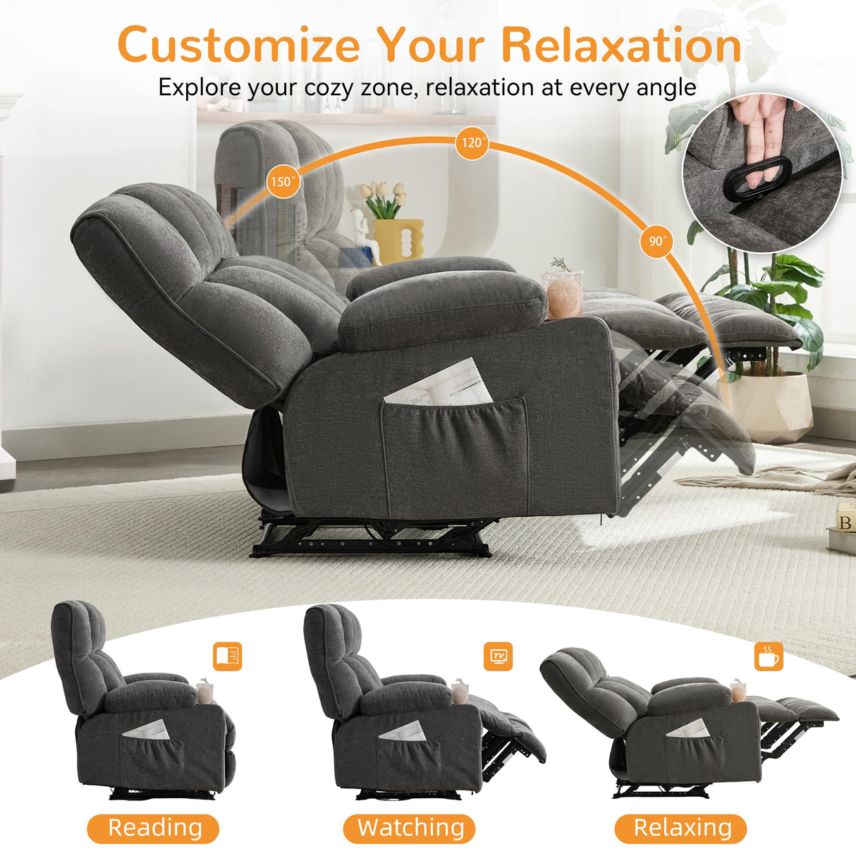 Oversized Loveseat Recliner Sofa, Big Large Reclining Sofa with Cup Holders & Side Pockets, Traditional 2-Seater Manual Recliner Couch for Living Room, RV, Home Theater (Fabric, Grey) Sofetura