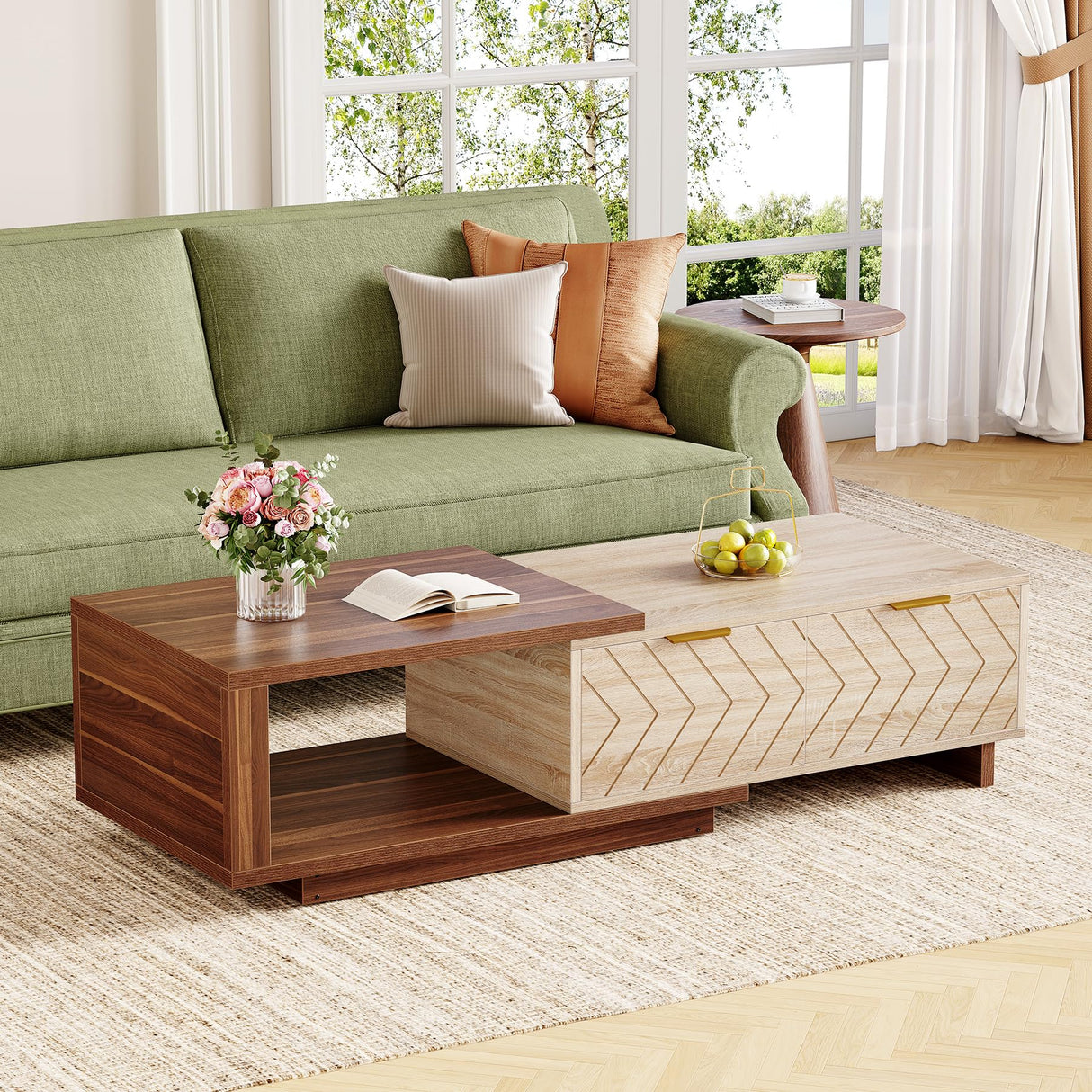LITTLE TREE Expandable Wooden Coffee Table with 2 Drawers, Space-Saving Rectangular Farmhouse Center Table, Perfect for Living Room and Office, Brown and Beige LITTLE TREE