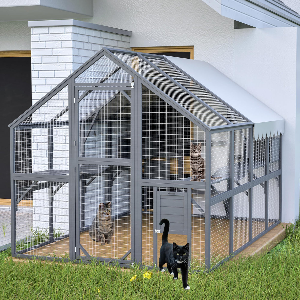 ZMAD Large Outdoor Cat House,56 ft² Luxury Wooden Run Enclosure Walk in Cat Catio Kitten Condo with 2 Cats Doors, 2 Playpen & Hiding Houses, Bridges, Walks, Roof Cover, Grey (Grey, 110 in) ZMAD