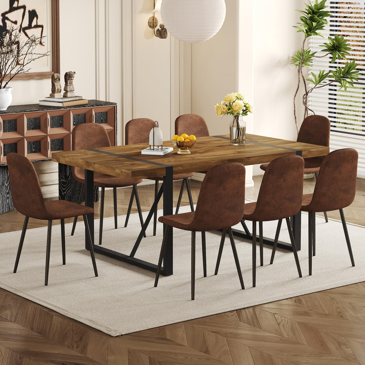 Ganooly Rustic 9 Piece Dining Room Table Set for 8 People, Mid Century Modern 71 Inch Rectangle Wood Kitchen Dining Table with 8 Fabric Chairs Set, Suitable for Kitchen Dining Room Apartment Ganooly