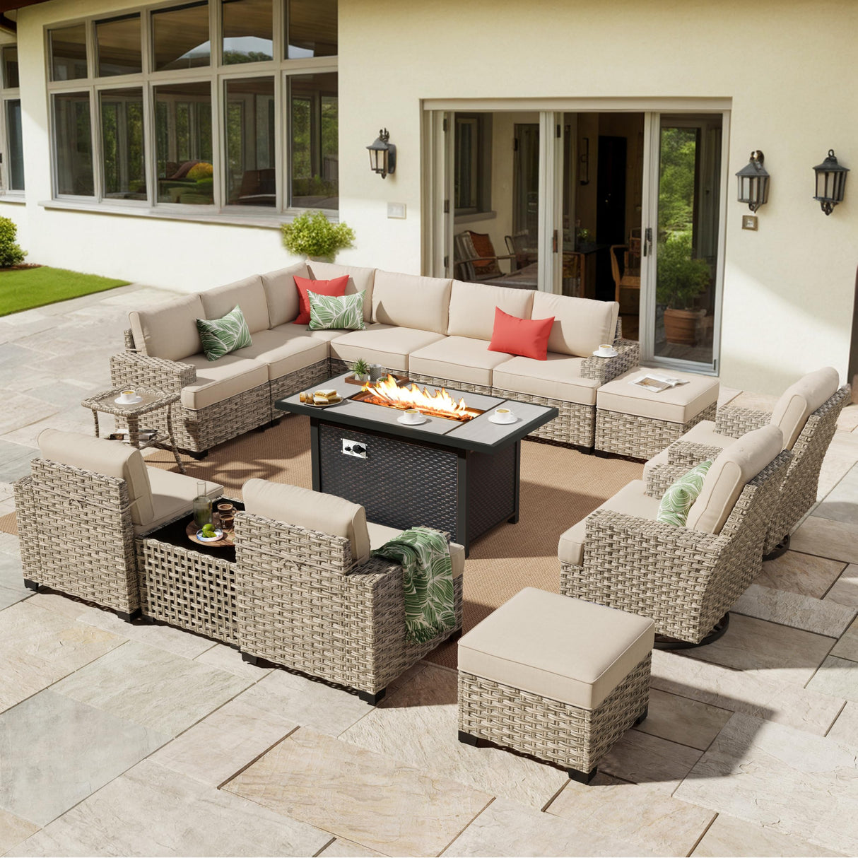HOOOWOOO Outdoor Sectional Patio Furniture Set with Fire Pit Table,15 Pieces Wicker Conversation Sets L Shaped Couch,Extra Deep Out Door Sofa Outside Furniture with Swivel Chairs Ottomans,Beige HOOOWOOO