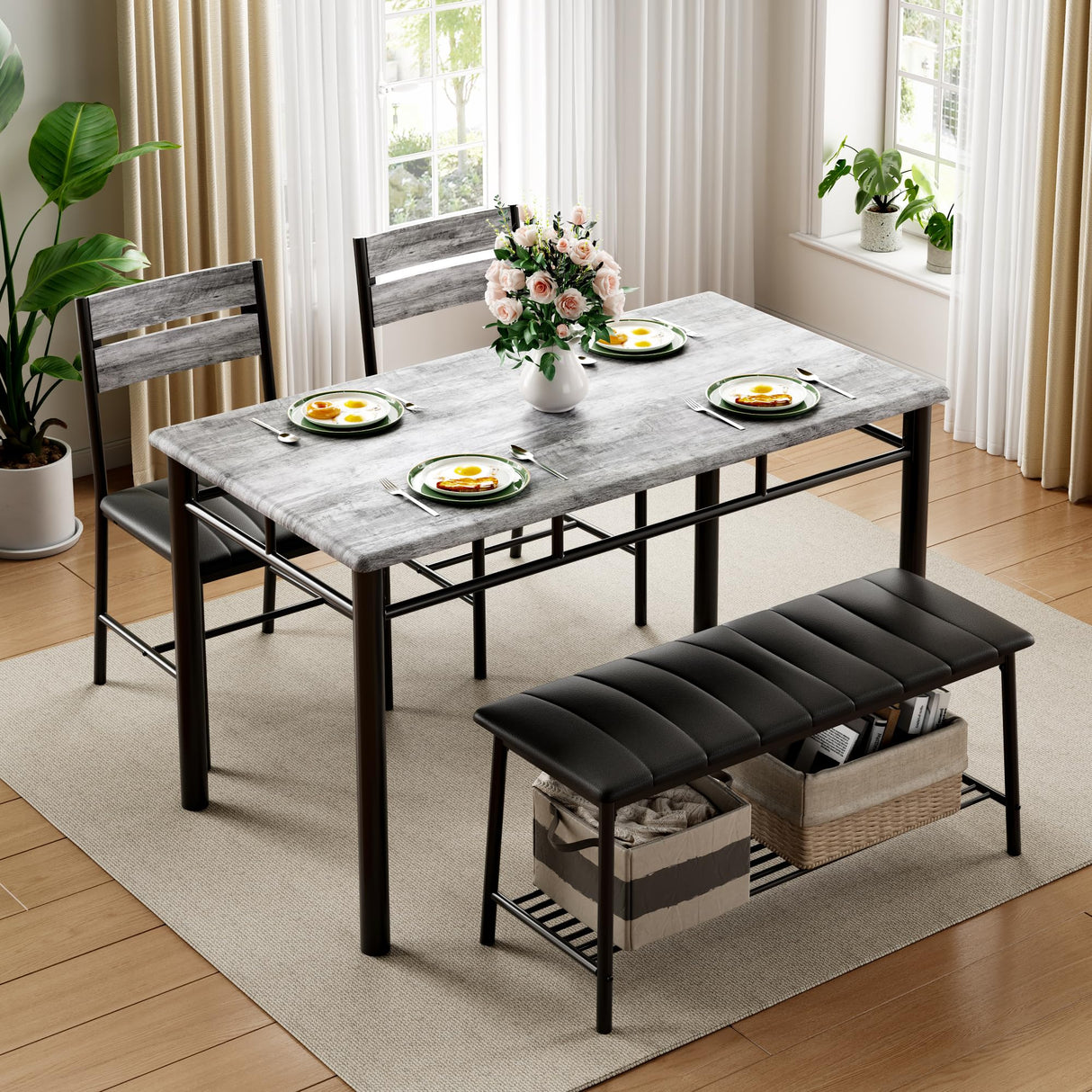 IRONCK Dining Table Set for 4, Kitchen Table with Upholstered Bench and 2 Chairs, Kitchen Table and Chairs Set for Small Space, Apartment, Gray IRONCK