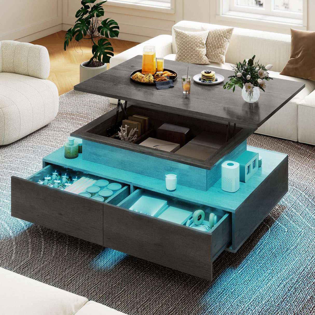 DWVO LED Lift Top Coffee Tables for Living Room, Rectangular Coffee Table with 4 Spacious Drawers, Modern Center Table with Lifting Top for Home Decor, Grey DWVO