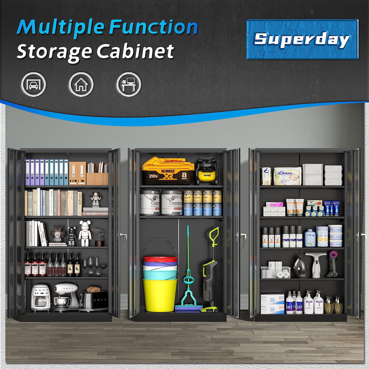 Superday 72" Lockable Steel Storage Cabinet, Locking Metal Storage Cabinets, Tall Black Cabinet with 2 Doors and 4 Adjustable Shelves for Garage, Home Office, Classroom, Pantry, File, Easy Assemble Superday