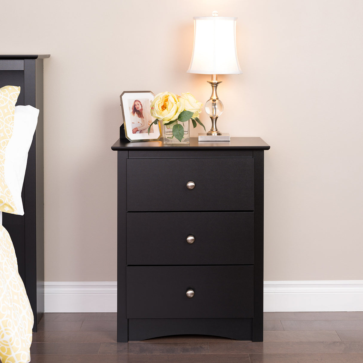 Prepac Sonoma Traditional Tall Nightstand Side Table with 3 Drawers, Functional Tall 3-Drawer Bedside Table 16" D x 23" W x 29" H, Black, BDC-2403 Prepac