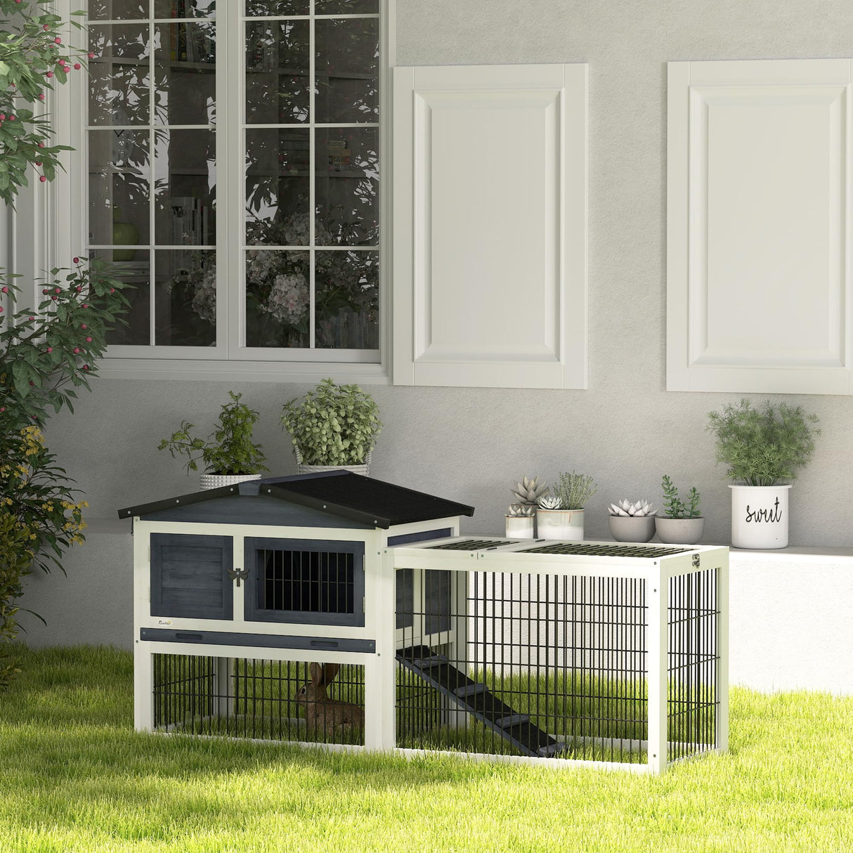 PawHut 2 Levels Outdoor Rabbit Hutch with Openable Top, 59" Wooden Large Rabbit Cage with Run Weatherproof Roof, Removable Tray, Ramp, Dark Gray PawHut