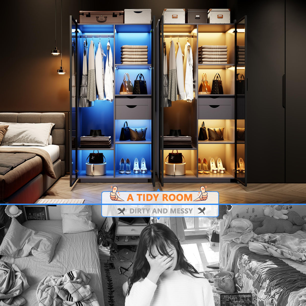 Wardrobe-Storage Cabinet With Human Sensor Design - Side Cabinet with LED Lighting - Organizer Armoire have 2 Drawers&6 Shelfs - Wardrobe With 2 Acrylic Door - Closet for Bedroom Furniture-Grey FREDEES